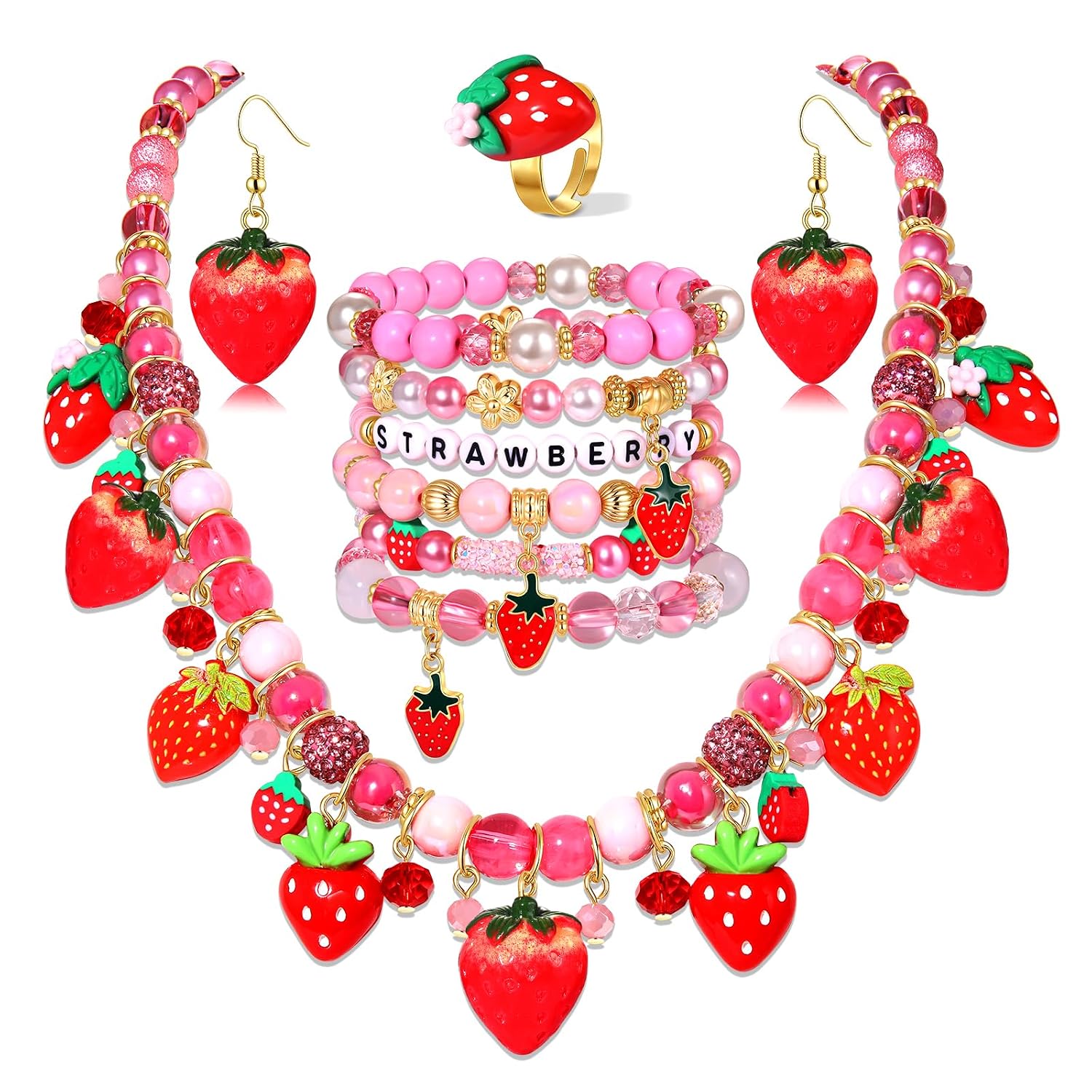 NLCAC Strawberry Jewelry Set for Women-Beaded Strawberry Bracelets Necklace Earrings Ring Set Halloween Birthday Party Favors Costume Accessories