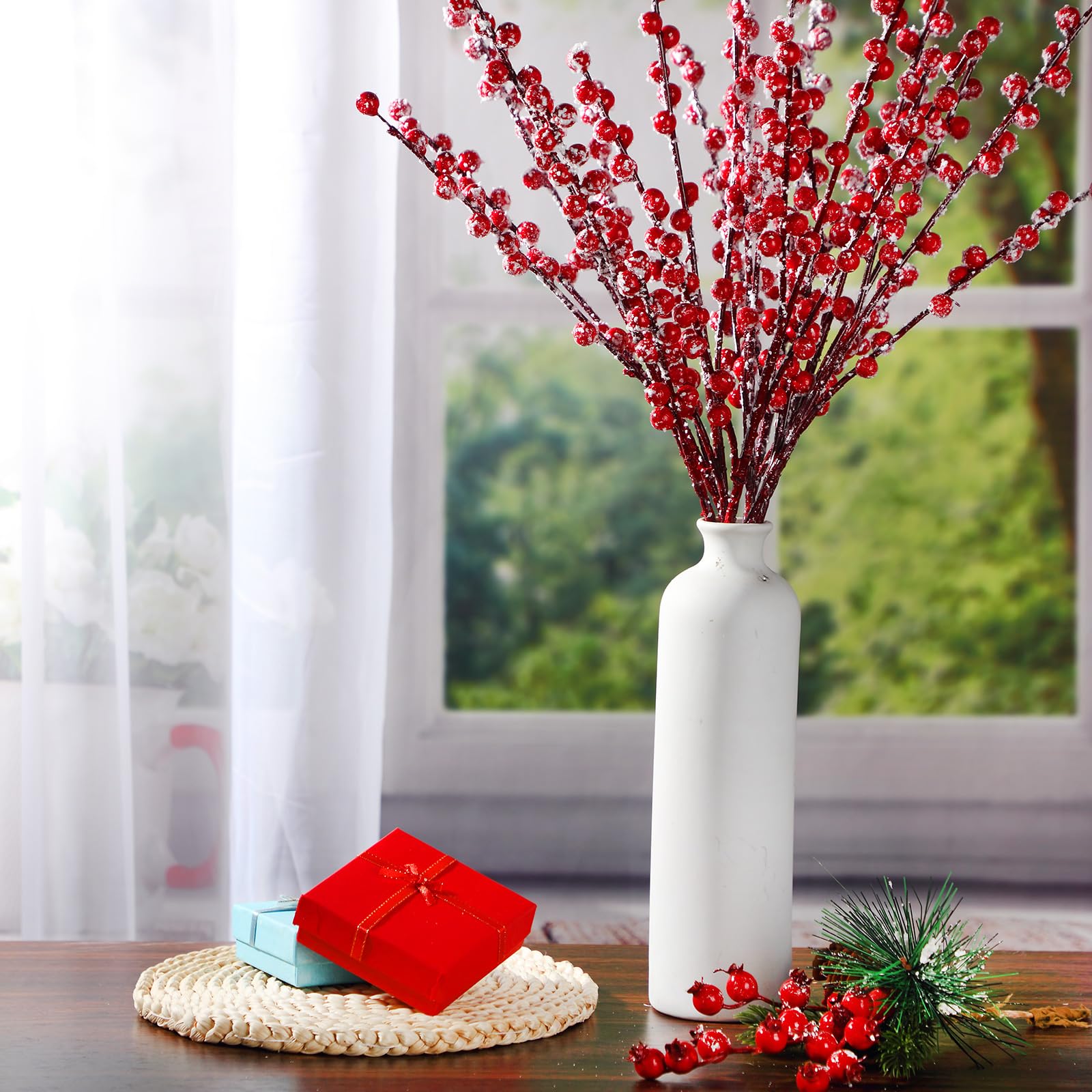 WILLBOND Künstliche rote Beerenstiele 55,6 cm Weihnachten rote Beeren Stechpalmenbeeren Zweige für Weihnachtsbaum Neujahr Dekor DIY Handwerk (8, Snow Slurry Style)
