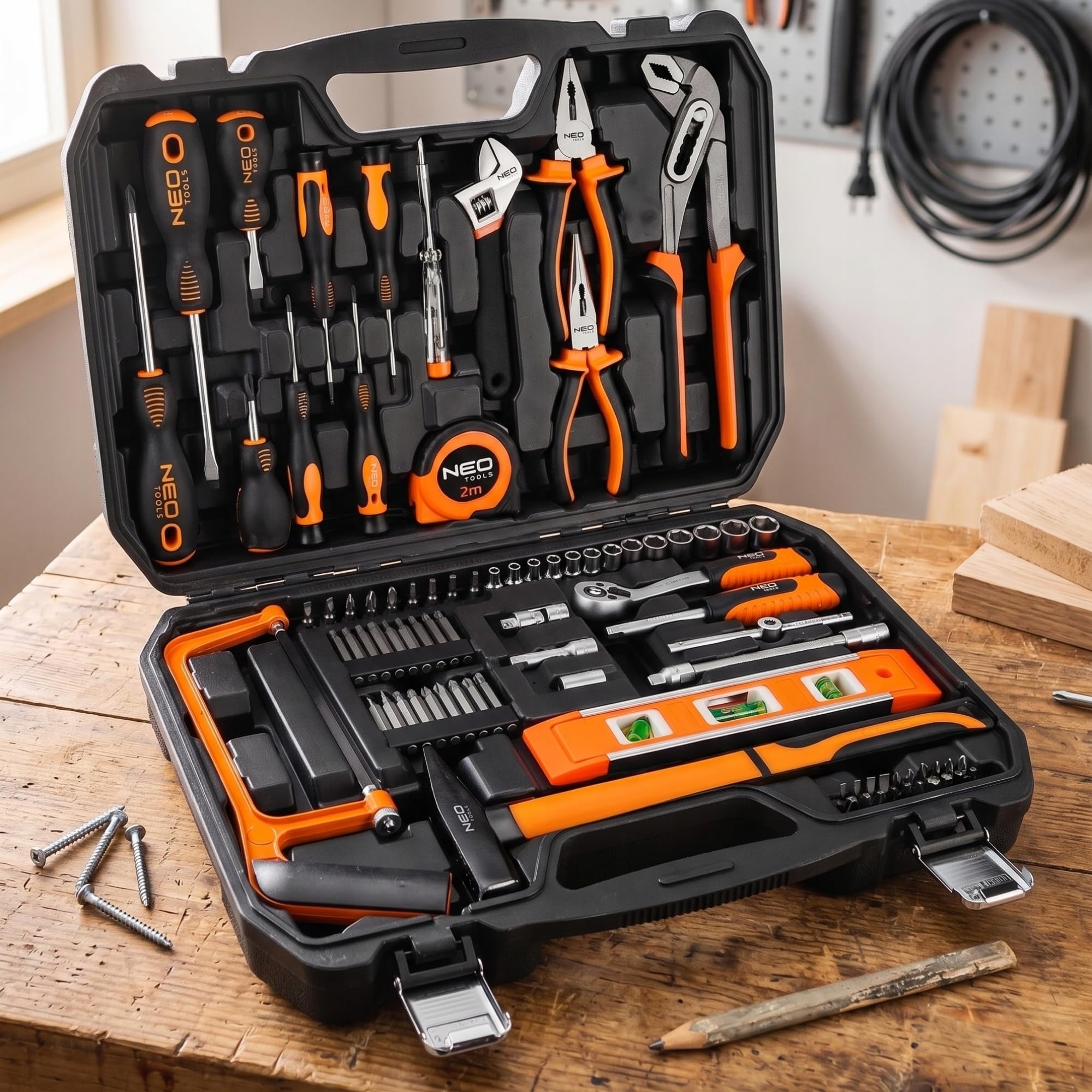 NEO TOOLS Kit d'outils de bricolage, 80 de pièces dans une mallette robuste | Clé à molette, clé Allen, poignée | Kit d'outils complet pour l'atelier et le garage
