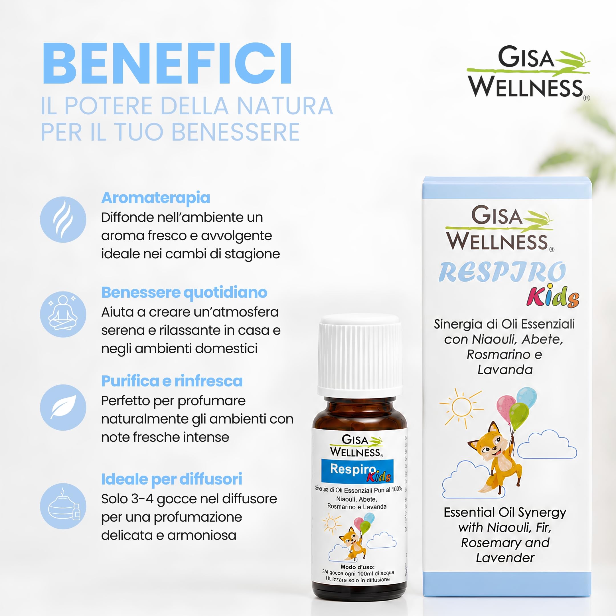 Respiro Kids 15ml, Sinergia di Oli Essenziali Balsamici per Bambini con Niaouli, Abete, Rosmarino e Lavanda, Oli Essenziali Puri per Diffusori, Aromaterapia Compatibile con Polipini Gisa Wellness