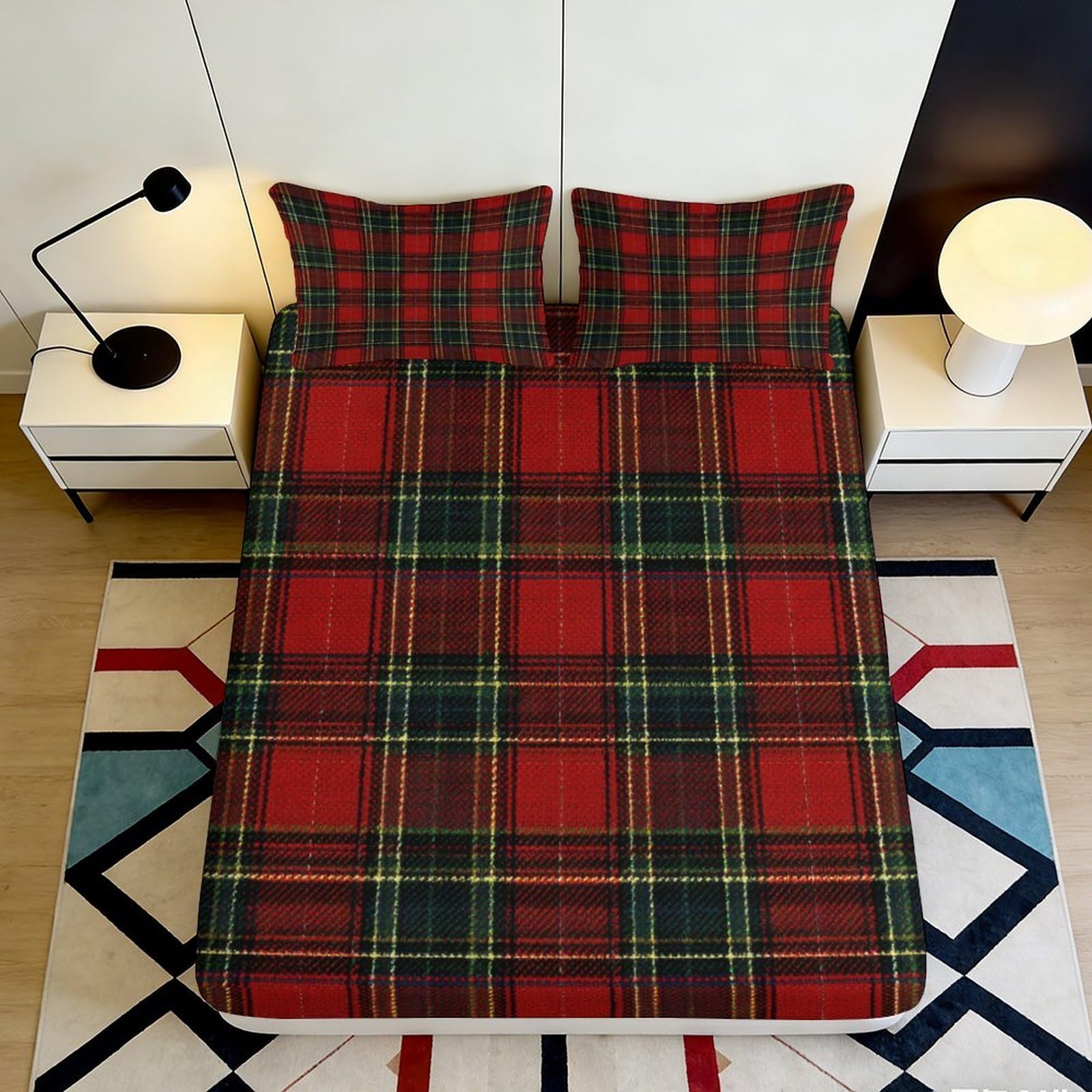 3D Printed Red Plaid Fitted Sheet Microfiber Soft Checkered Bed Cover for Bedroom Guest Room Dorm Mattress Protection Decor 90x200x25cm