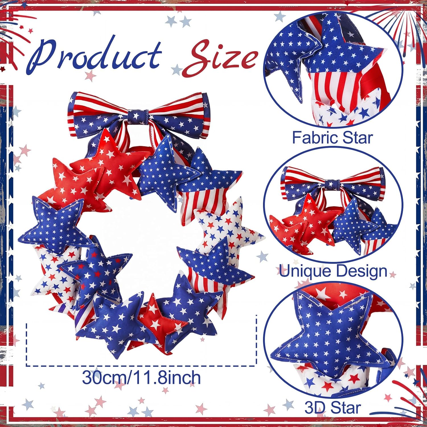 Suncalla 4th of July Door Wreath Patriotic Wreath 11.8 Inch Red White Blue Decoration Star 250th Anniversary Front Door Decoration with Bow for American Independence Day Decor