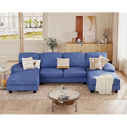 JUMMICO Sectional Couches for Living Room, U Shaped Couch with Chenille Fabric, 4 Seat Modern Sofa with Removable Pillows for Apartment and Small Space (Loop Yarn, Navy Blue)