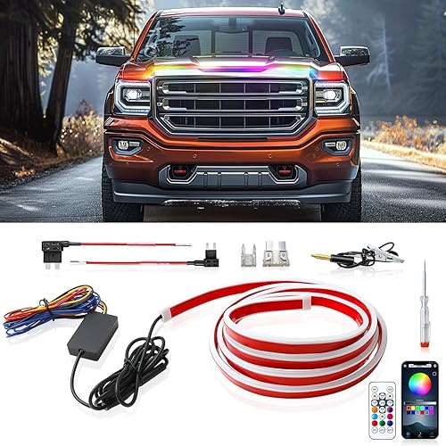 DREAMOTOR Tira de luz para capó de automóvil de 71 pulgadas, luz LED dinámica multicolor para capó de automóvil, flexible e impermeable, tira de luz
