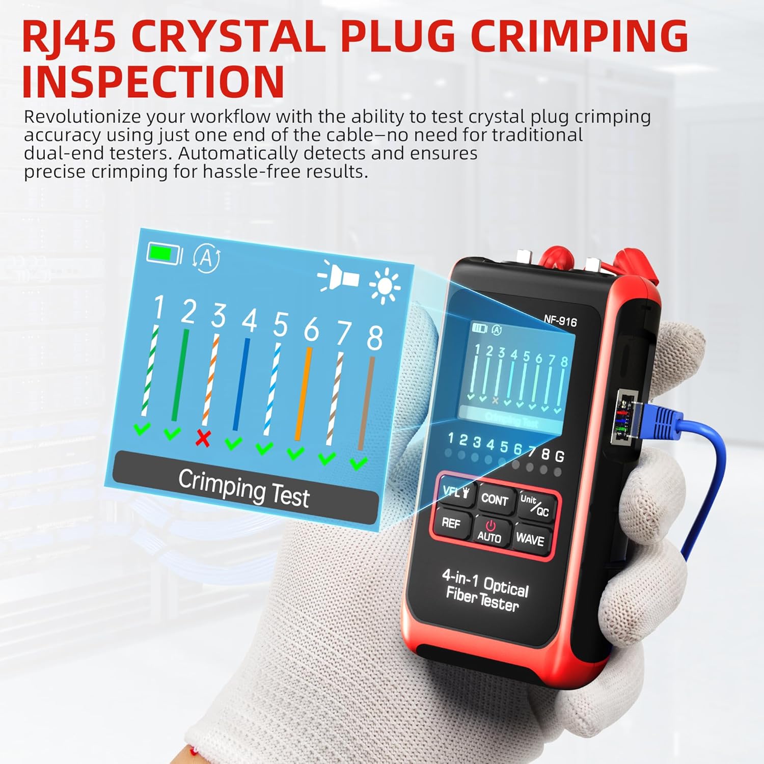 4-in-1 Mini OTDR Fiber Optic Tester – NF-916 Optical Power Meter + 10mW VFL Visual Fault Locator, OPM, FC/SC/ST Ports, USB-C Rechargeable Portable Fiber Cable Tester