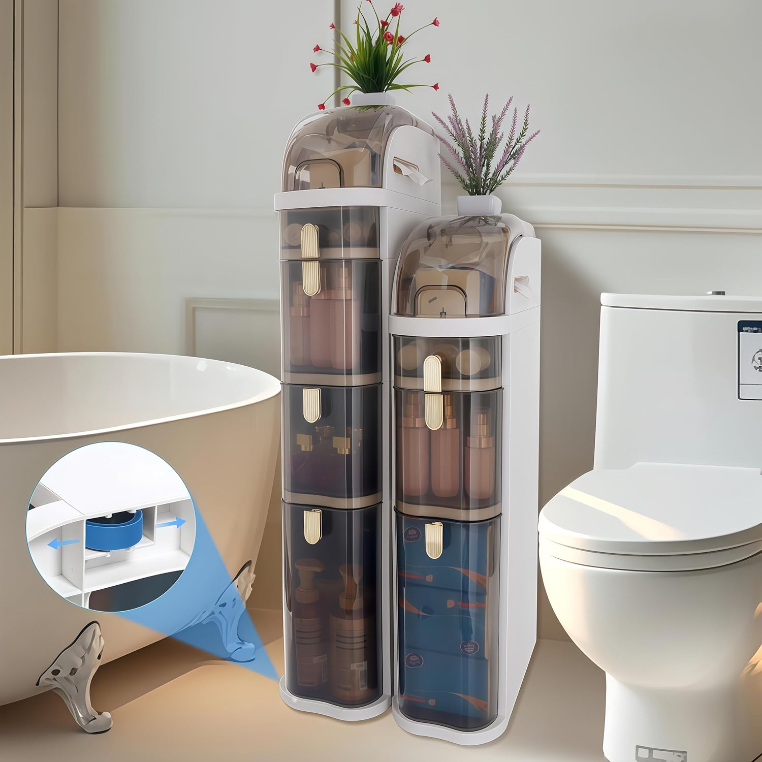 Slim Waterproof Narrow Bathroom Storage Cabinet,Compact Design with Drawers & Toilet Paper Holder,Movable Bathroom Organizers for Small Spaces (Style2-4Tiers)