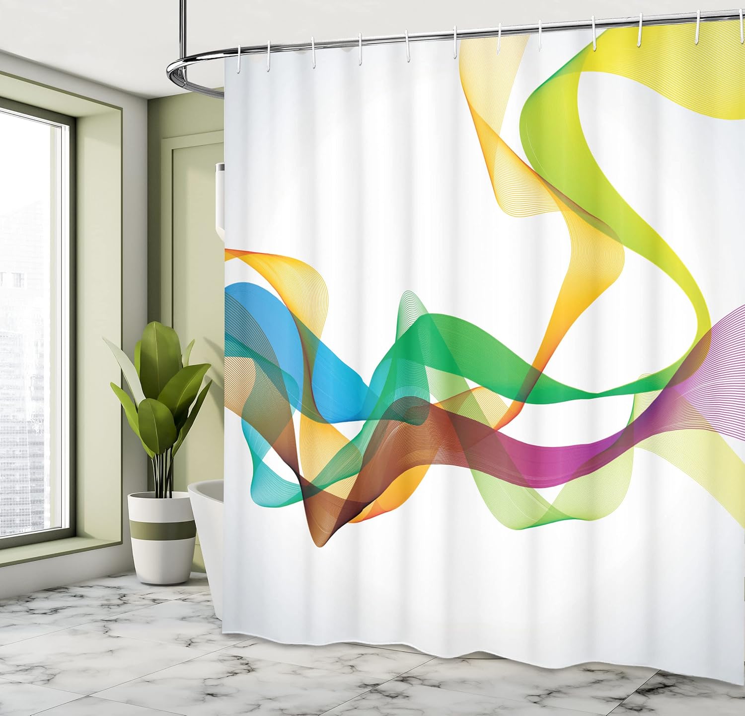 Ambesonne Abstract Shower Curtain, Styled Wavy Ribbon Line and Smoked Rainbow Like Cool Graphic Art, Cloth Fabric Bathroom Decor Set with Hooks, 69" W x 70" L, Off White Multicolor