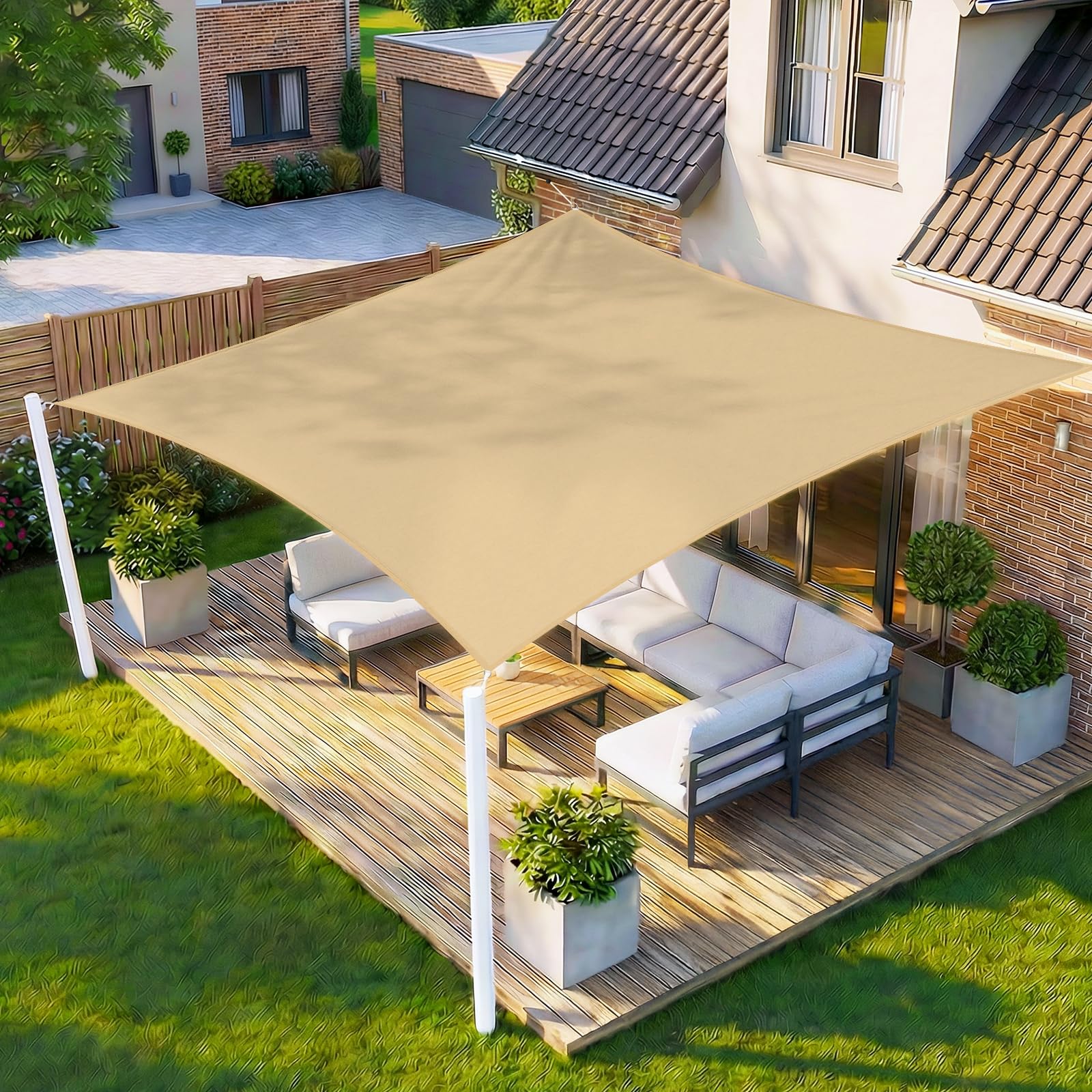 HENG FENG Toldo Vela de Sombra Rectangular 3x4m, PES 160 g/m² Impermeable, 95% Bloqueo UV, para Exterior en Terraza, Jardín, Patio - Incluye Cuerda de Fijación - Color Arena