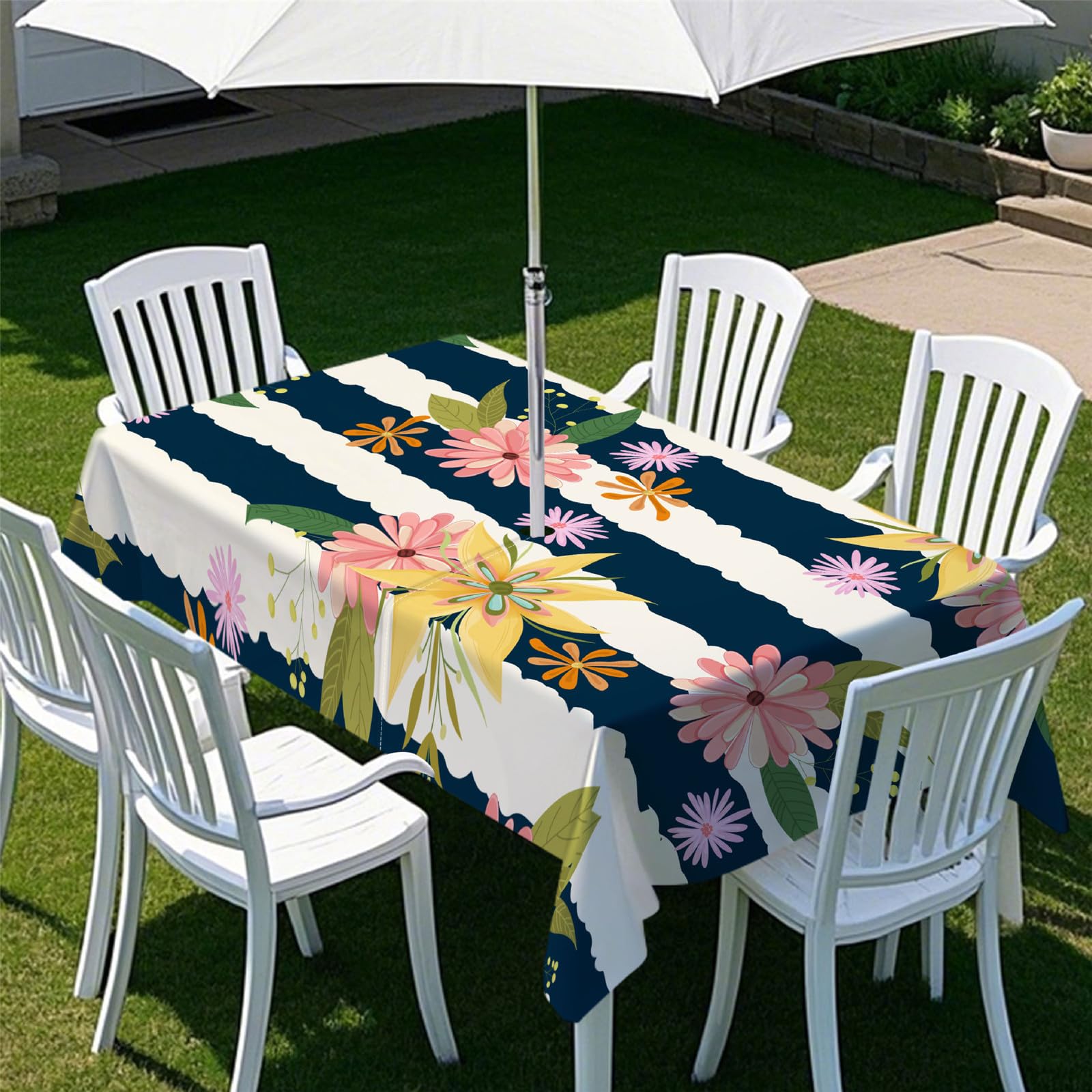 Odot Tablecloths Rectangular Wipe Clean with Umbrella Parasol Hole and Zipper, Table Cover Waterproof Garden Outdoor Table Cloth for Garden, BBQ, Party, 3D Retro Flowers (Stripes,213x152cm)