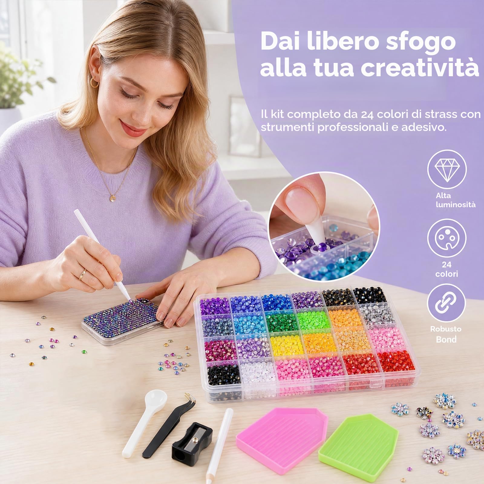 Kit Bedazzler Strass per Unghie Kit di Decorazione con Pietre Glitter da 3 mm Pinzette e Set di Strumenti Strass in Resina Jelly a Base Piatta per NailArt Fai da Te Tessuti e Diamond Painting 24Colori