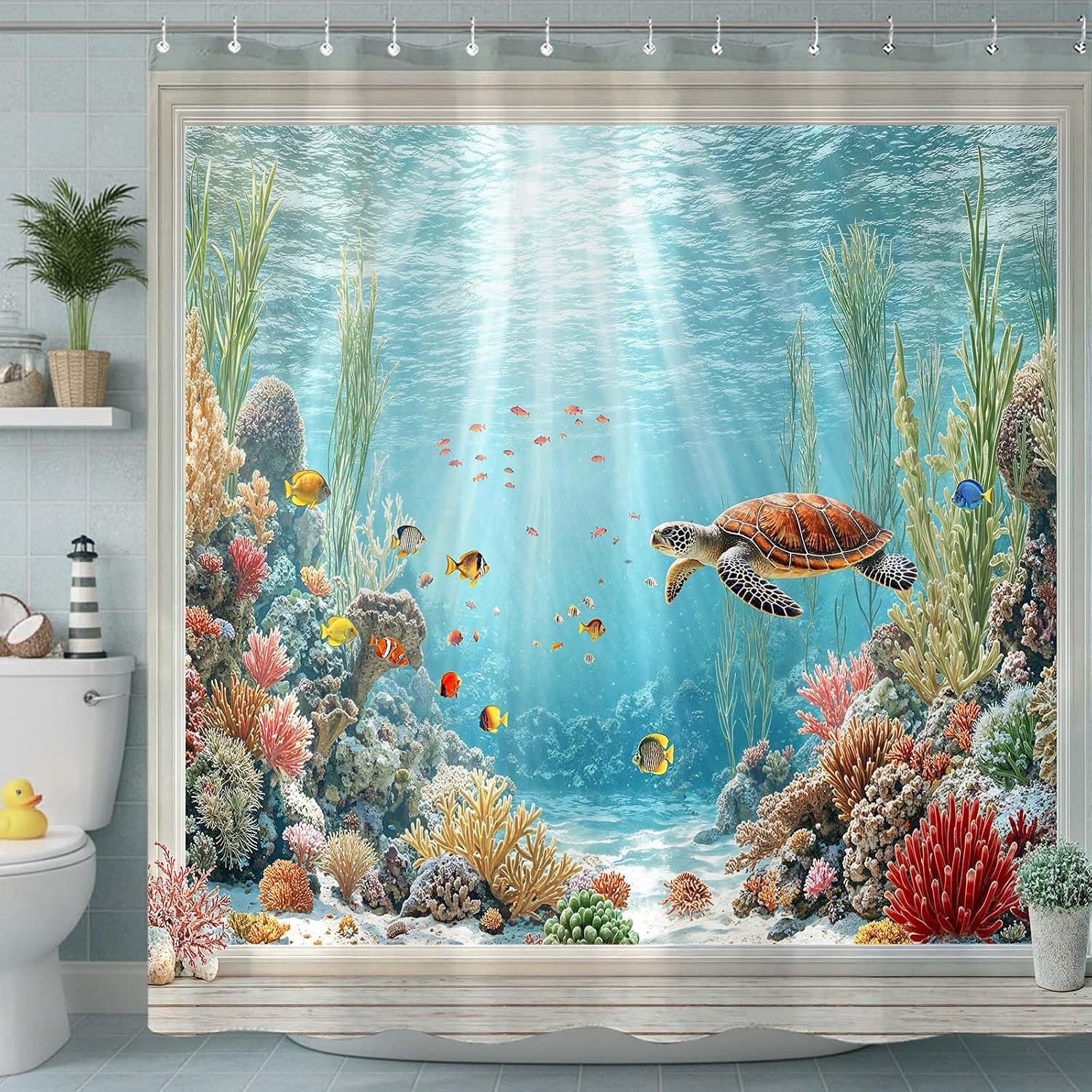 Nautical Underwater Coastal Turtle Shower Curtain, Ocean Sea Window View Tropical Fish Shower Curtains for Bathroom Decor, 72x72 inch