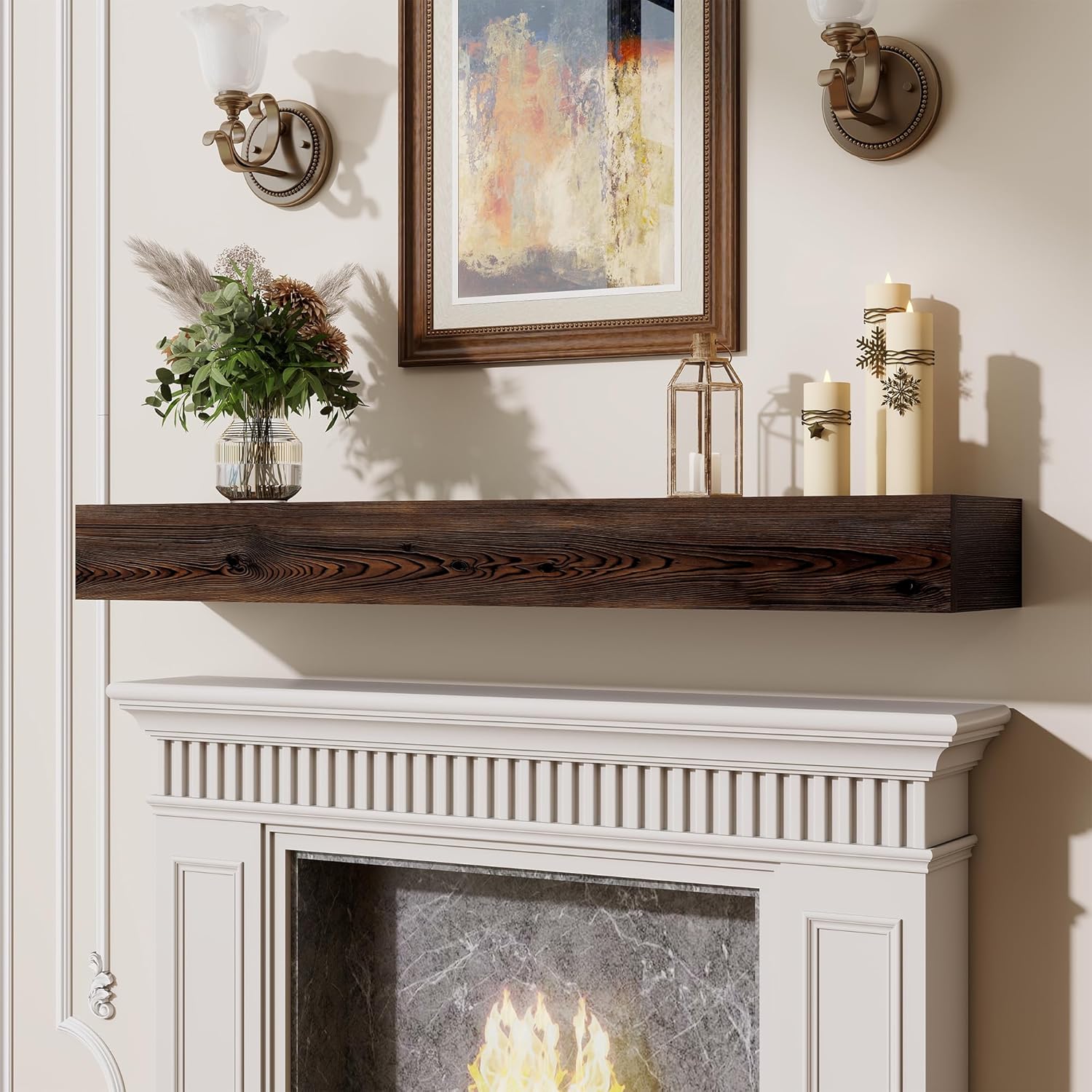 Marsmiles Fireplace Mantel Shelf 60 Inch, Rustic Handcrafted Wood Mantles for Over Fireplace, Farmhouse Wall Mounted Floating Shelves for Living Room Decor & Display, 60W x 5H x 8D, American Walnut