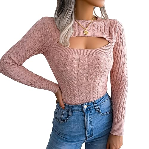 FeMereina Womens Ribbed Knit Cut Out Sweaters Jumper Slim Fit Crop Top Pullovers Cable Knitted Crewneck Sweater Tops - M - Pink