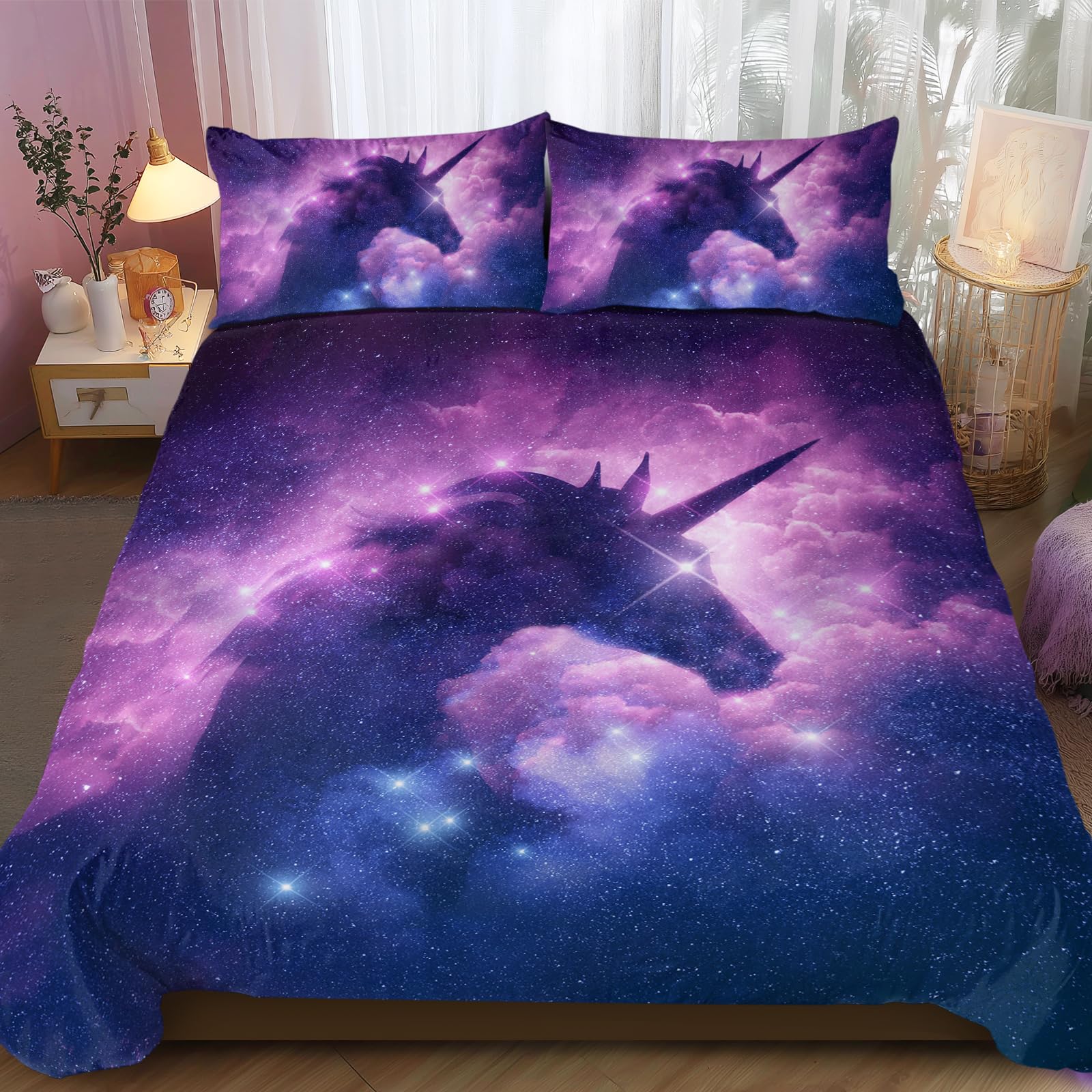BlessLiving Galaxy Unicorn Bedding for Kids Girls: Psychedelic Space Duvet Cover 3 Piece Pink Purple Sparkly Unicorn Bedspread (Single)