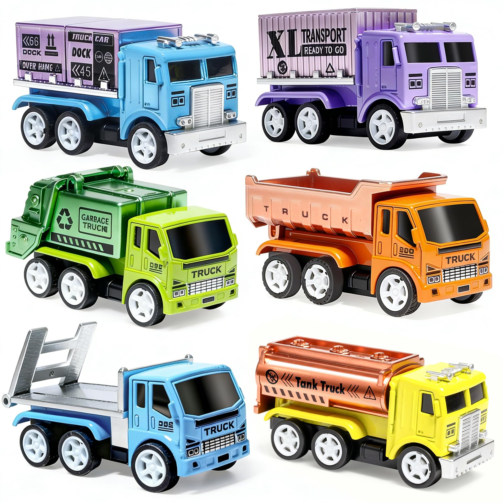 Oriate 6 Diecast Trucks Toy Vehicle Set, Pull Back Cars with Movable Parts