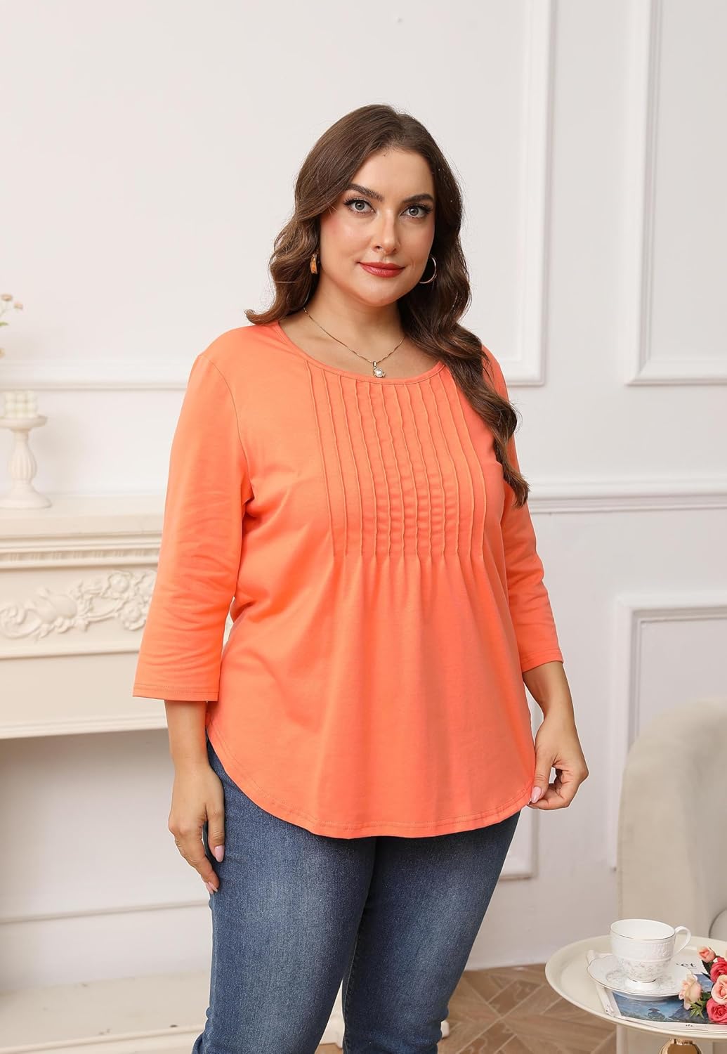 Womens Plus Size 3/4 Length Sleeve Tops Crewneck Pleated Loose Fit Casual Tunic Top Swing Shirts Blouses 1X-5X - Image 3