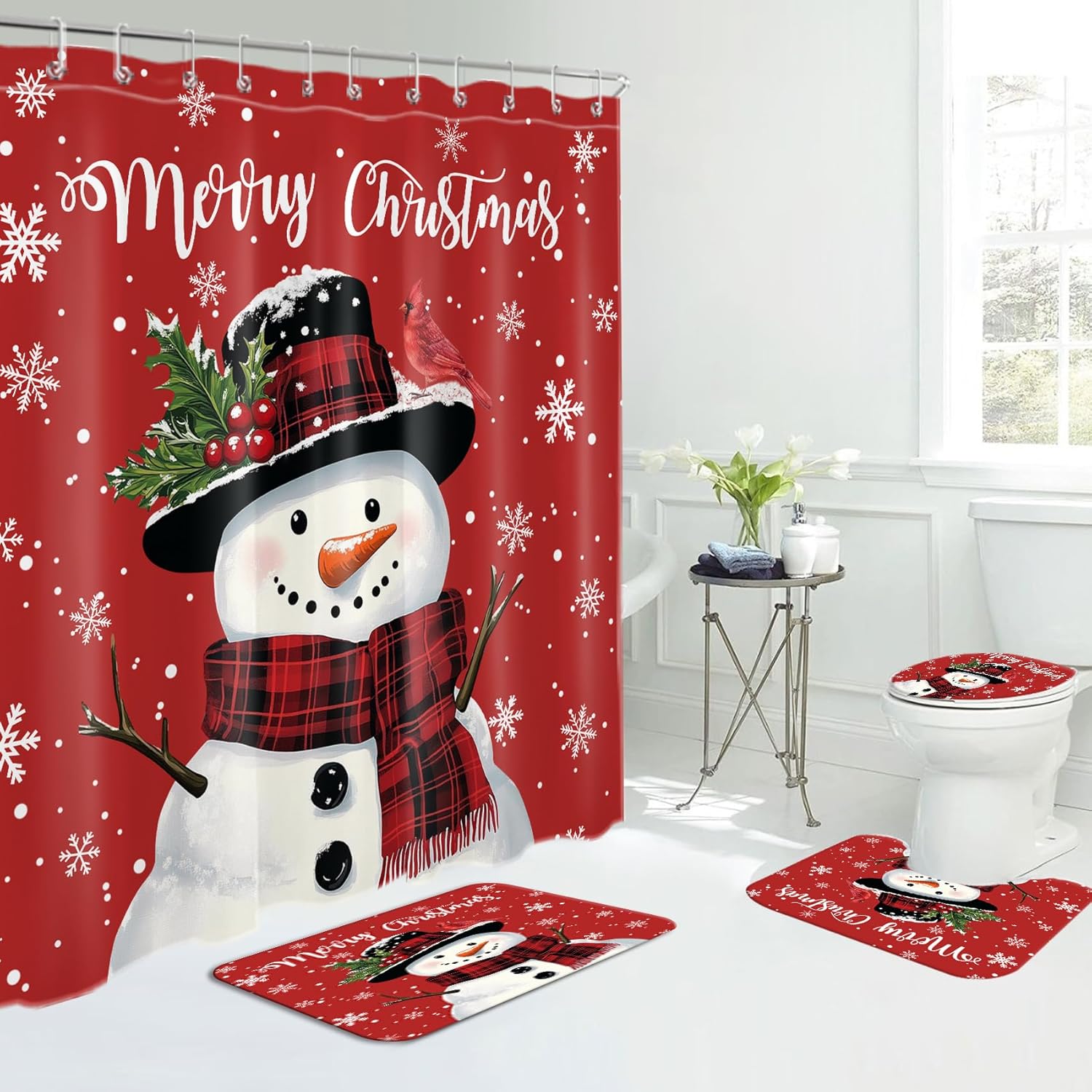 4 Pcs Red Christmas Snowman Shower Curtain Bathroom Set Winter White Snowflake on Red Shower Curtain and Bathroom Rugs Toilet Seat Bath Mat Xmas Holiday Decor, 72X72 inch
