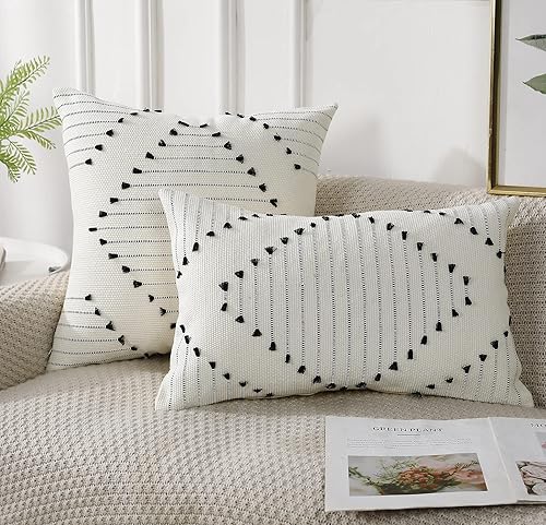 Miniatura 2 de PANOD Fundas de almohada tejidas bohemias con borlas de 12 x 20 pulgadas, decorativas, para interiores y exteriores, funda de cojín lumbar bohemia
