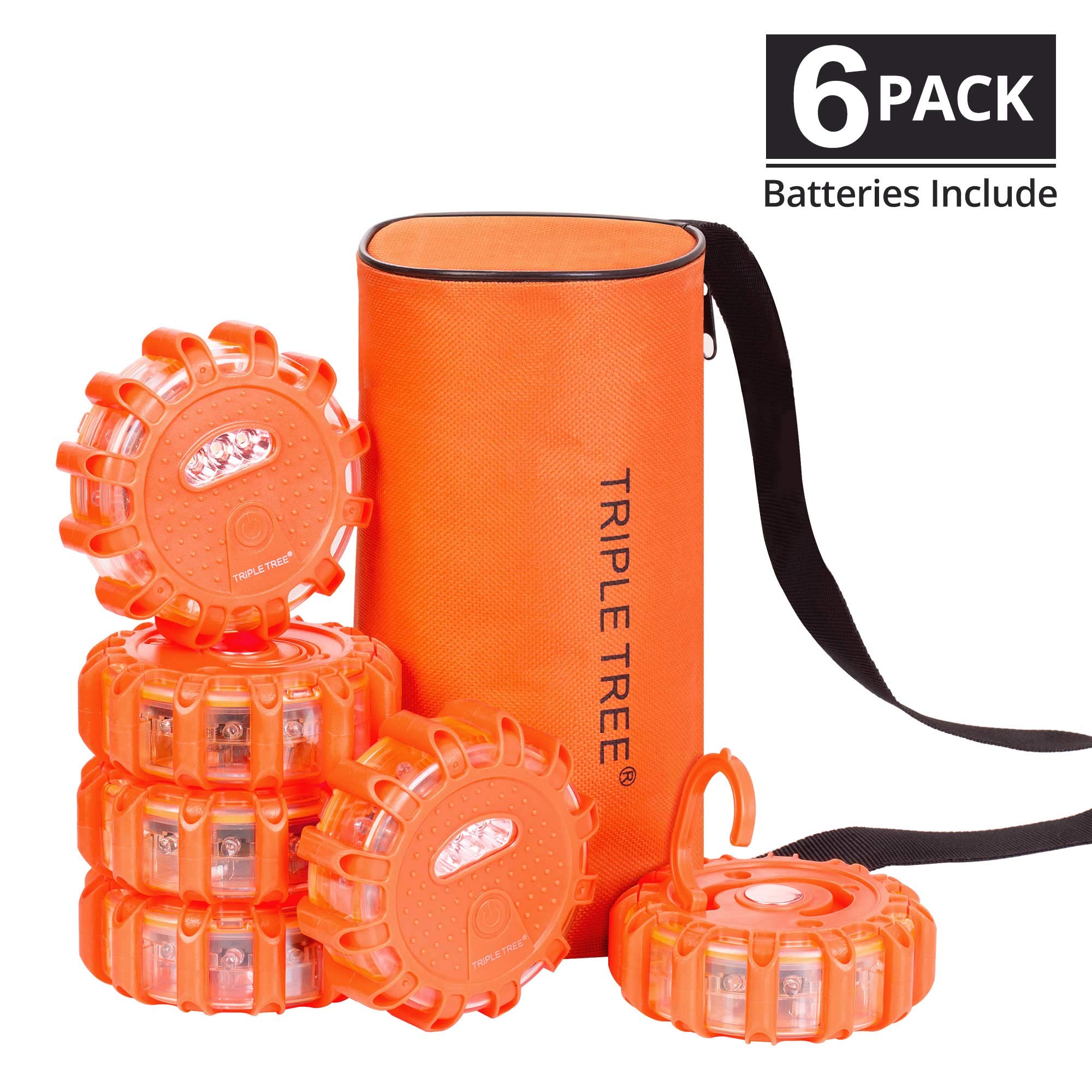 INCLAKE6 Pack LED Road Flares Emergency Lights for Roadside Security, Warning Flashing Beacon Disc with Magnetic Base and Hook, Road Safety Flare with Batteries & 9 Flash Modes for Vehicles and Boat