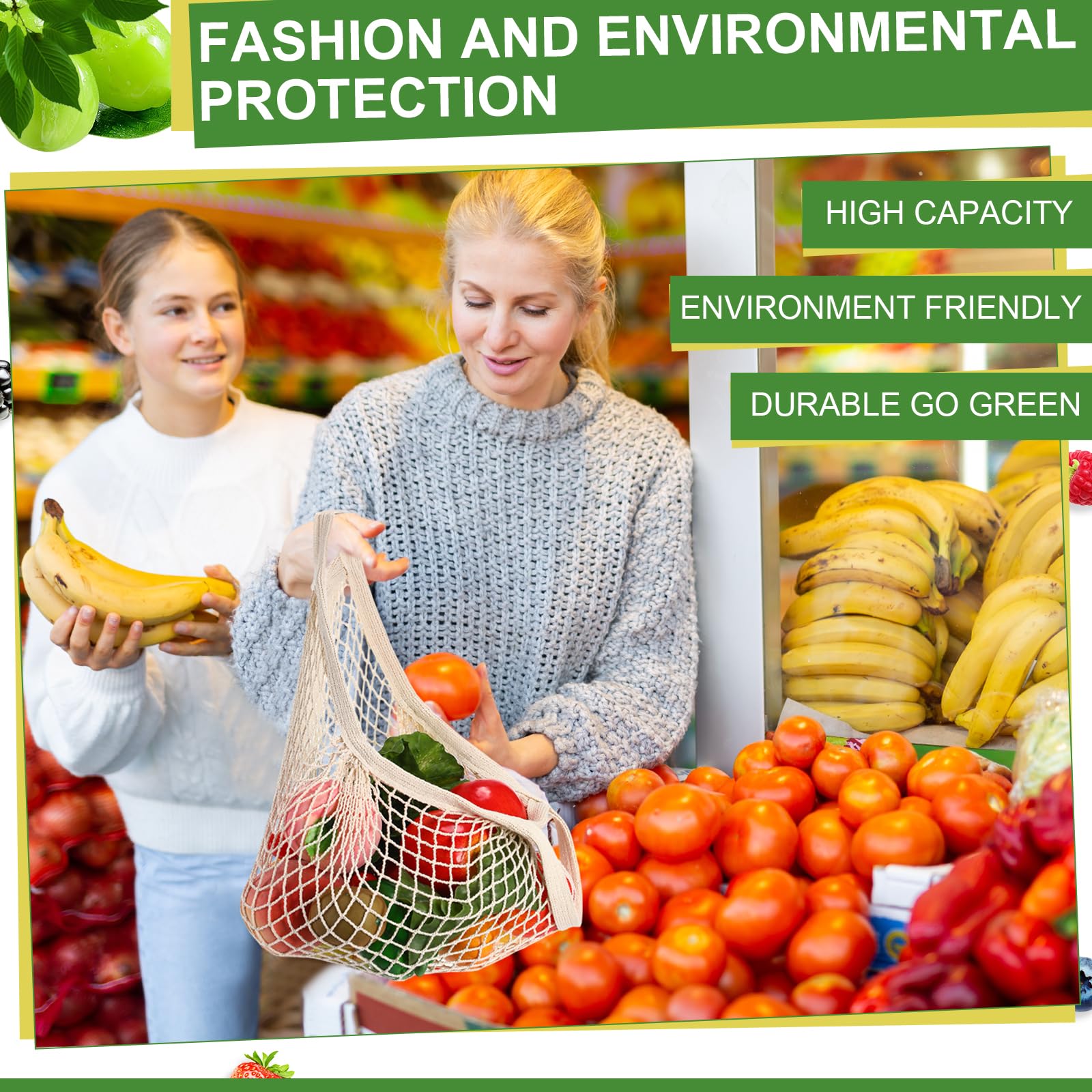 Paterr Paquete de 50 bolsas reutilizables de malla de algodón para comestibles, lavables a granel, bolsas de red para productos, bolsas de compras portátiles con asa para almacenamiento de frutas