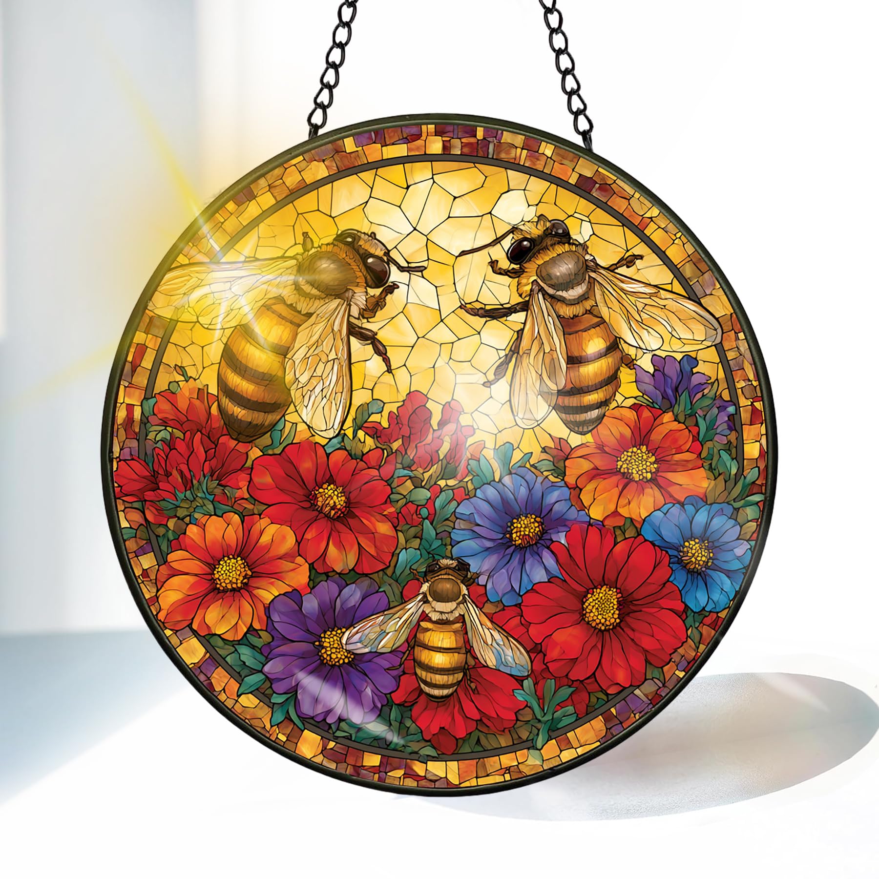 VAIIEYO Bee Sun Catcher Stained Glass Window Hanging Ornament, Handmade Sun Catcher Flower Decoration with Hooks for Window Garden Home, Mother's Day & Birthday Housewarming Gift -20cm