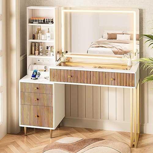 Fluted Vanity Desk with 32'' HD Mirror and Lights, 44''/w Modern Glass Top Makeup Vanity Table with Drawers & Charging Station, 3 Shelves, Makeup Tray Dressing Table for Bedroom(White)