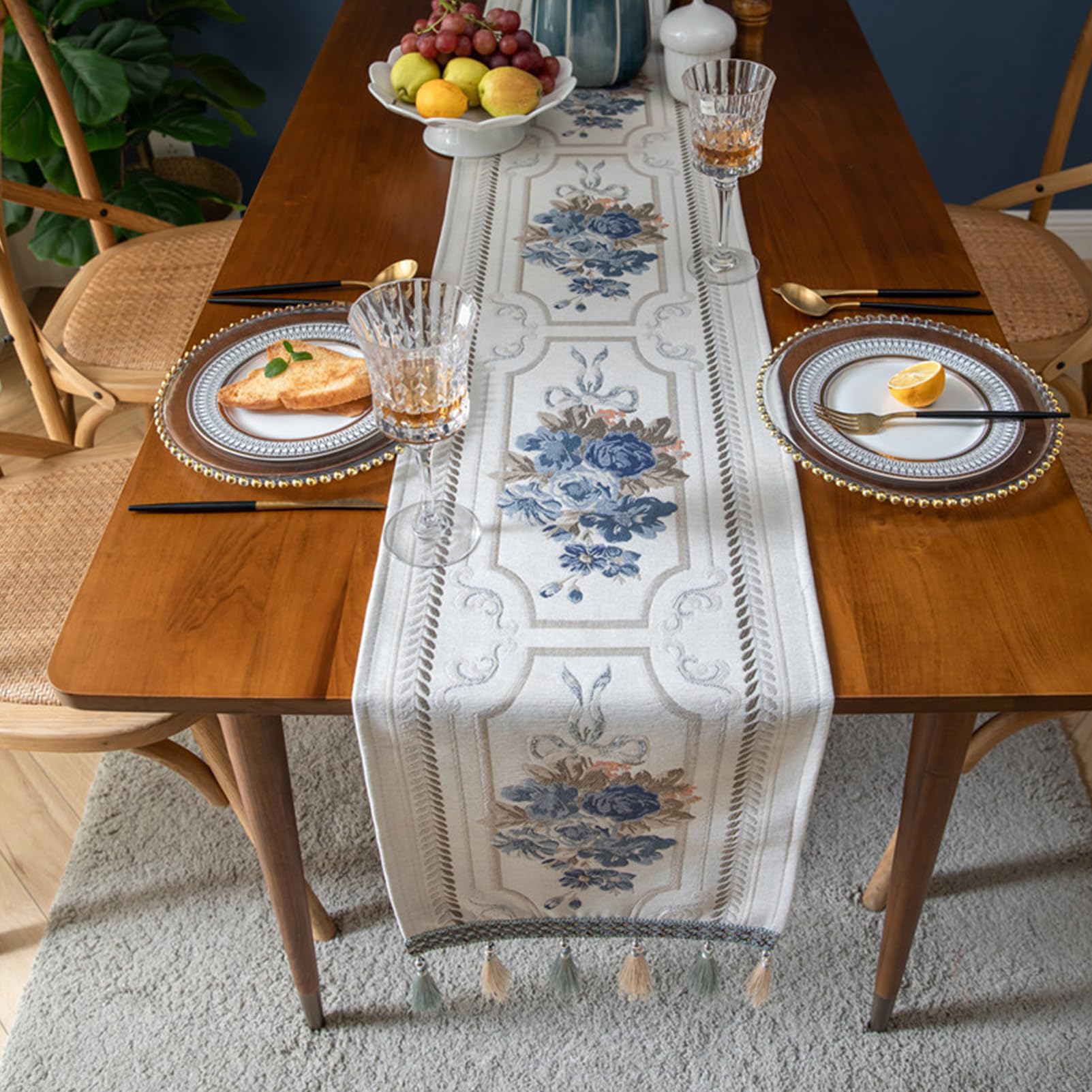 Luxus Tischläufer mit Multi-Quasten, Lange Elegante Stickerei Jacquard Tischläufer Kommode Schal für Esszimmer Party Bankett Couchtisch, Weiß, 32x300cm
