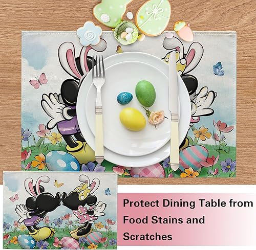 Miniatura 5 de Croar Juego de 4 manteles individuales de ratón de dibujos animados de Pascua, orejas de conejo, huevos y flores, decoración de mesa, decoración de