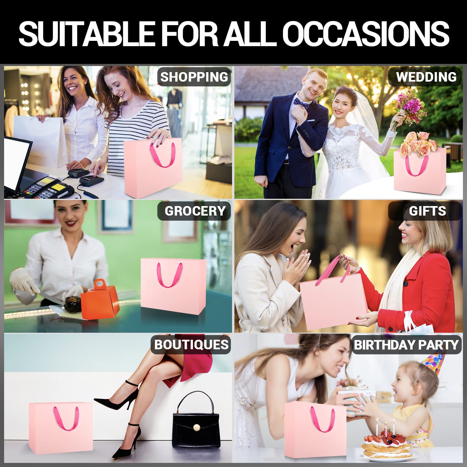 EUSOAR Small Pink Gifts Wrap Bags, 50 Pack 8.6x3.9x7 inches Shopping Bags with Handles Bulk, Party Favor Wrapping Bags for Wedding, Craft Grocery, Boutique, Retail, Business