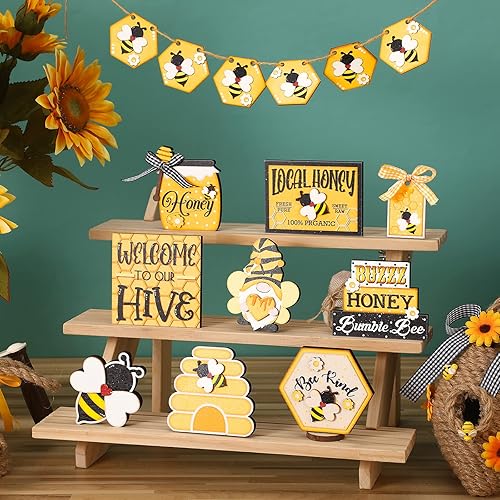 Miniatura 6 de 15 piezas de decoración de bandeja escalonada de verano de abeja de miel, mini letrero de madera de madera, bandejas decorativas de primavera,