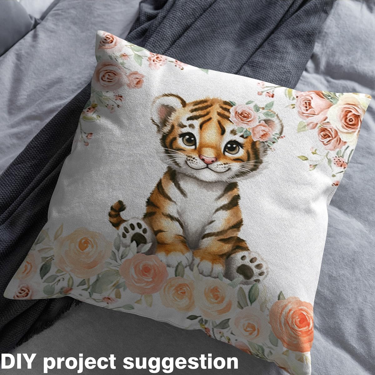 Erosebridal Cartoon Tiger Fabric by The Yard,Safari Jungle Animal Upholstery Fabric for DIY Upholstery,Wildlife Rose Natural Floral Pastoral Material,5 Yards,Orange Black