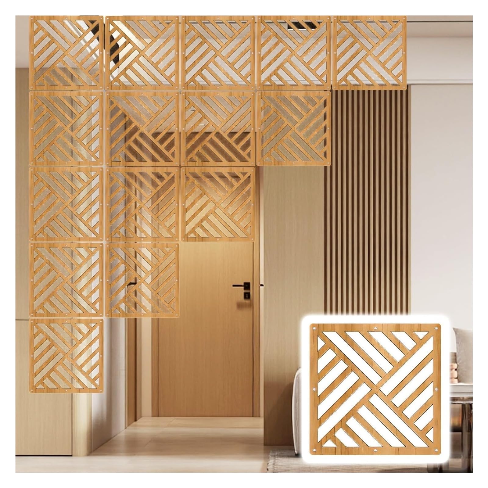 Panneau de séparation suspendu en bois Claustra modulable Naturel B 29x29cm
