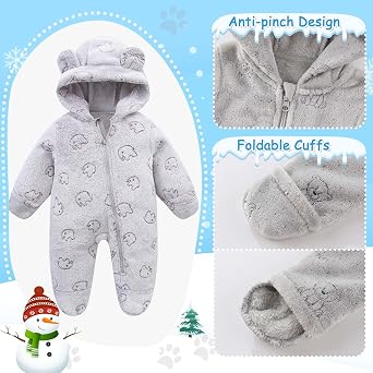 Fairy Baby Newborn Baby Bear Suit Thin Fleece Footie Romper Snowsuit Hooded Jumpsuit Bodysuit Winter Clothes Boy Girl 0-12M