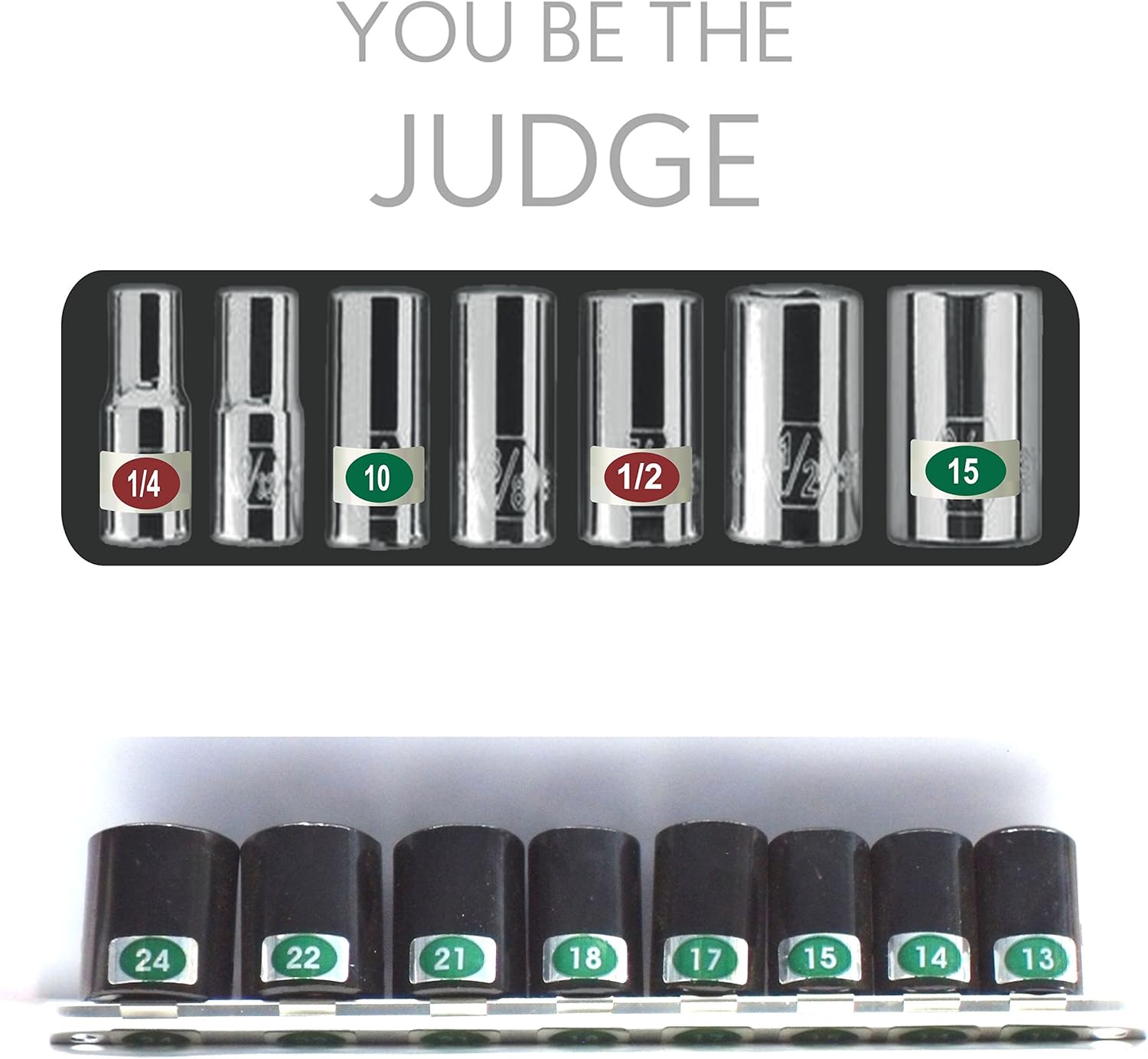 A row of various sized sockets, some with red SAE labels and some with green Metric labels, demonstrating improved readability.