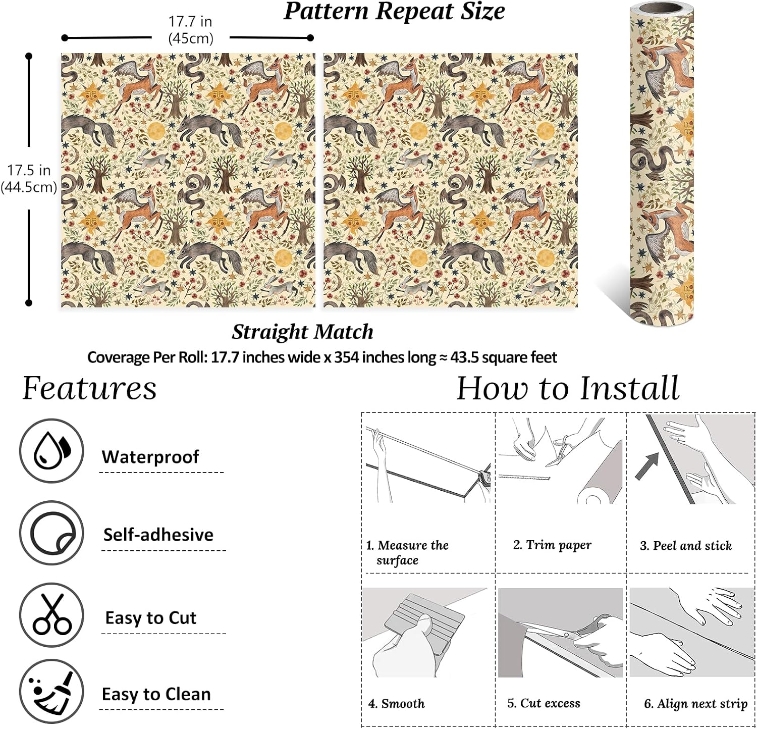 VEELIKE Whimsical Fairytale Animal Wallpaper Peel and Stick Vintage Forest Wallpaper for Nursery Kids Room Bathroom 17.7''x354'' Removable Whimsy Wall Paper Self Adhesive Contact Paper for Walls Shelf