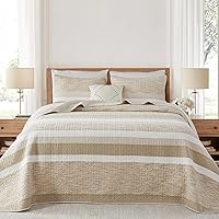 Vista 1 de Finlonte Juego de colcha 100% algodón sobreizado tamaño Queen, colcha acolchada reversible ligera a rayas, 3 piezas, marrón, tamaño Queen