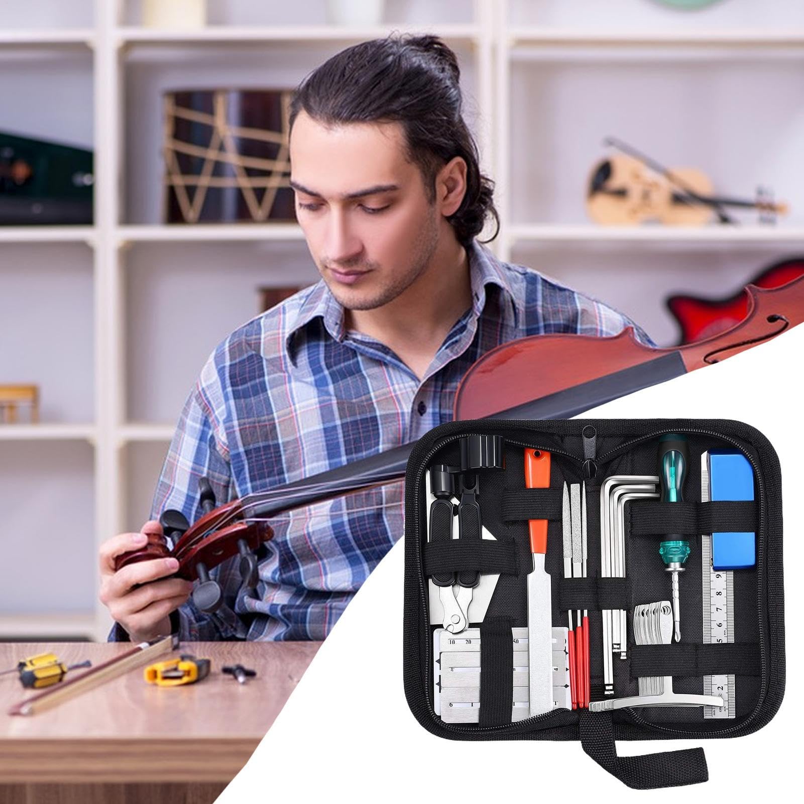 Kit d'Entretien pour Guitare | Entretien de Guitare Acoustique - Ensemble de 25 Outils de Réparation Instrument pour Voyage Studio Scène