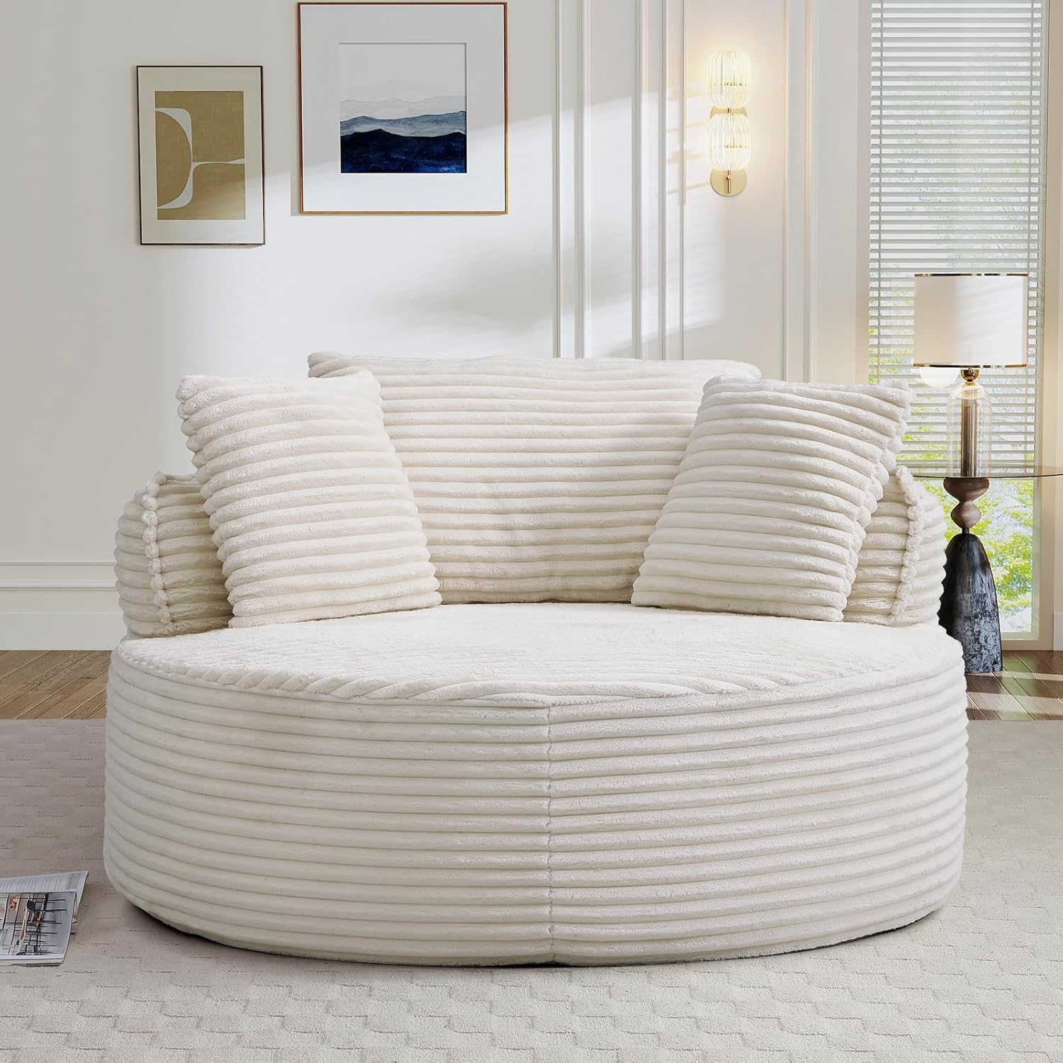 Antetek 53.5-inch Round Chair, Modern Accent Corduroy Comfy Deep Seat Boneless Foam Floor Single Circle Chaise Sofa Chair with 3 Pillows for Living Room Bedroom Office, No Assembly Required, Beige