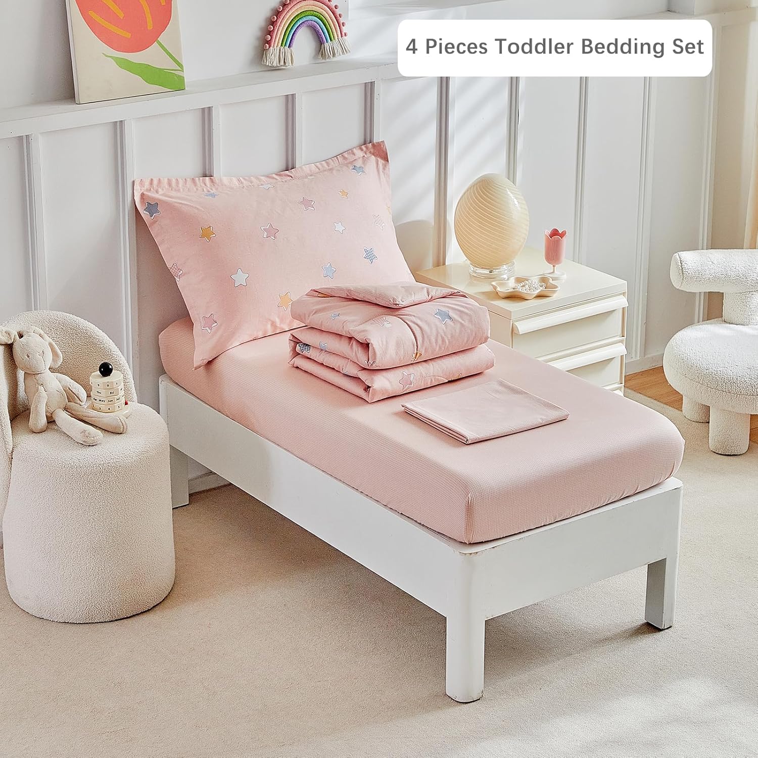 DuShow Cotton Toddler Bedding Set for Girls,4 Piece Toddler Bed Sets,Pink Star Pattern Kids Comforter Sheet Set,Includes Quilted Comforter,Fitted Sheet,Top Sheet,and Pillow Case