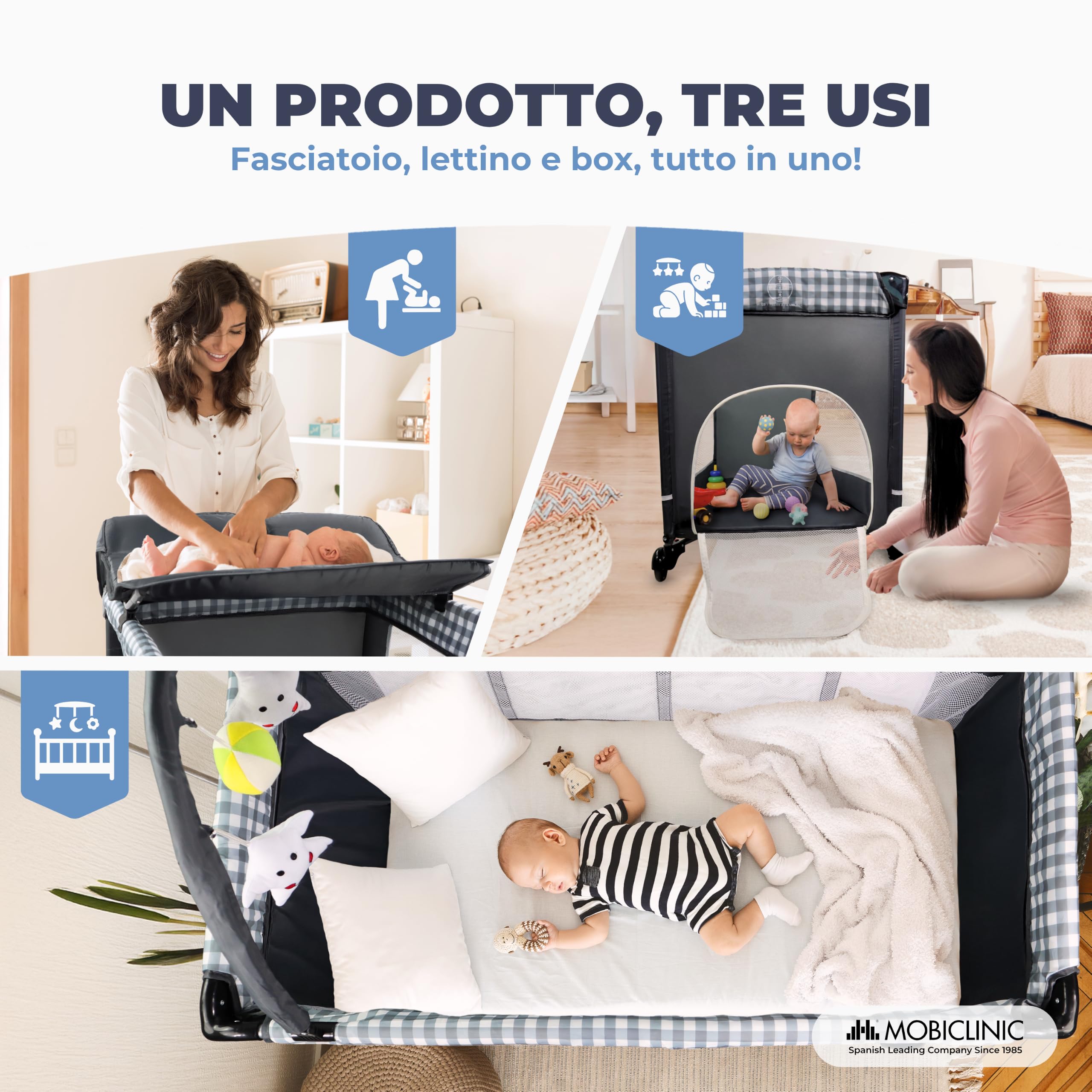 Mobiclinic®, Lettino da viaggio 3 in 1, Box bambini duo livelli, Pieghevole con fasciatoio baldacchino, Entrata laterale, Caelum, Max. 15 kg, Ruote freno, Borsa portaoggetti