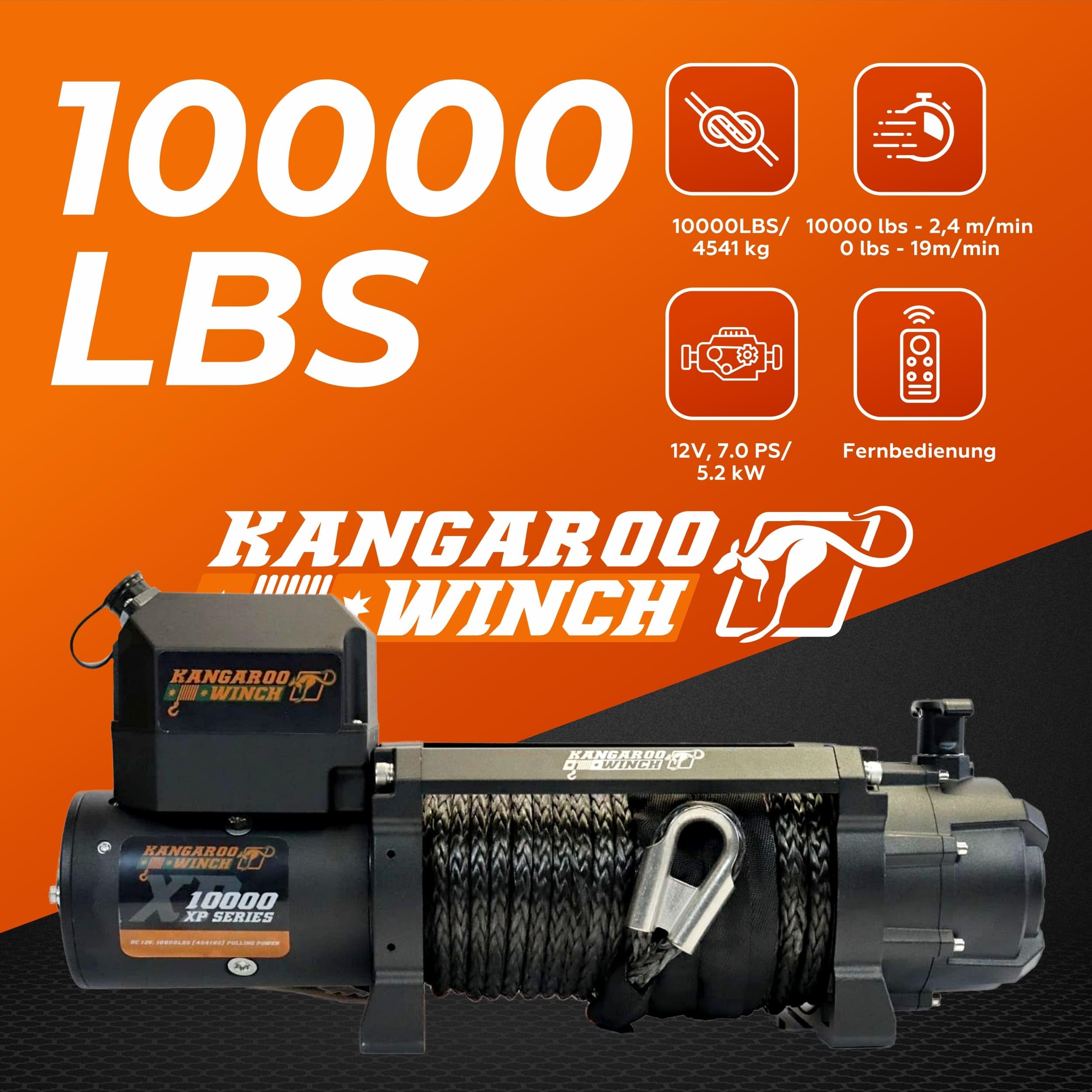 Schnelle Elektrische Seilwinde 12V, 10000 lbs Zugkraft | mit Funkfernsteuerung - Langlebiges Kunststoffseil - Perfekt für Offroad - 4x4 Forst- und Nutzfahrzeuge (K10000XP)