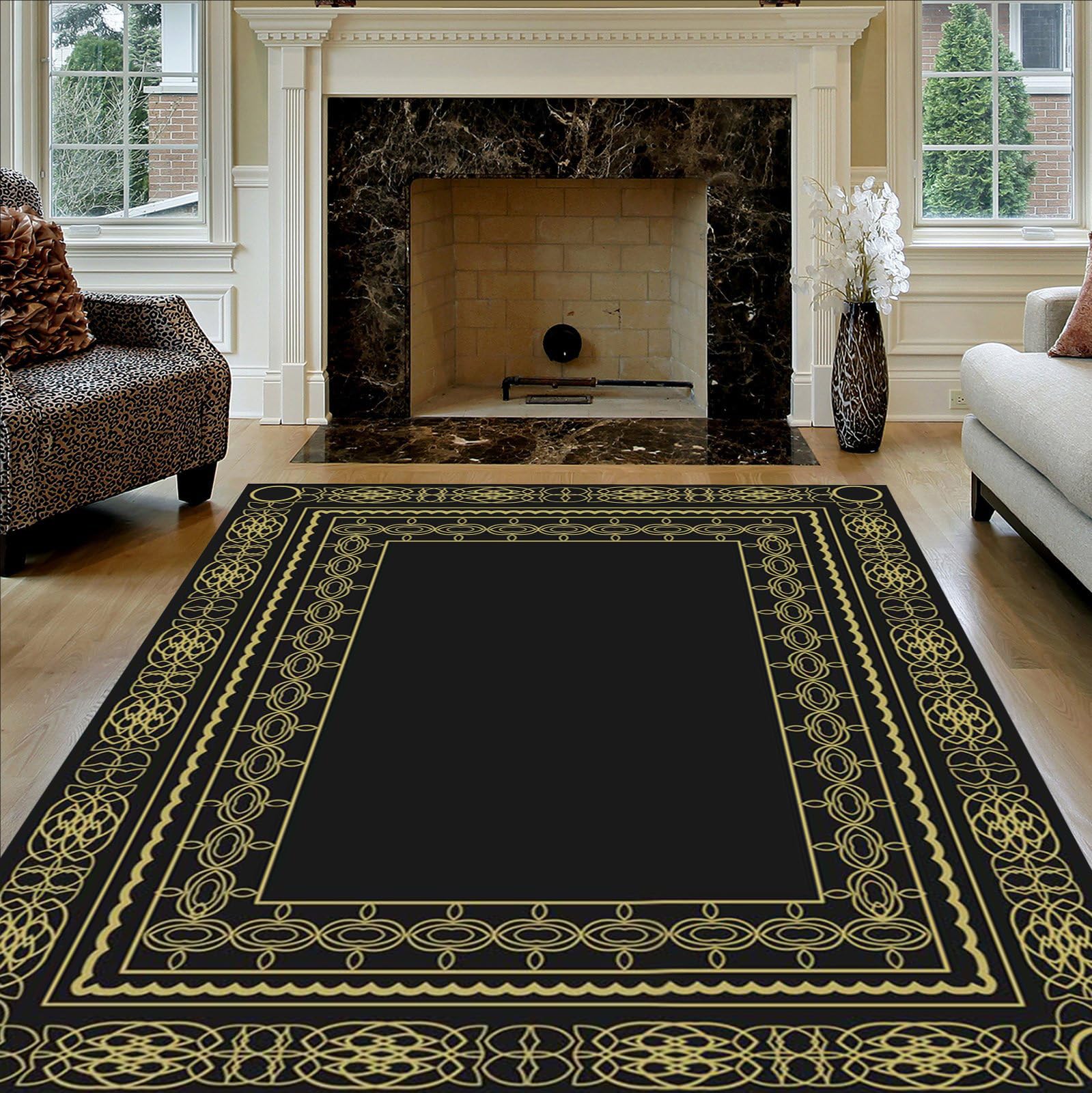 Amazon.com: Classic Black Gold Border Rug 3x8 Vintage Geometric
