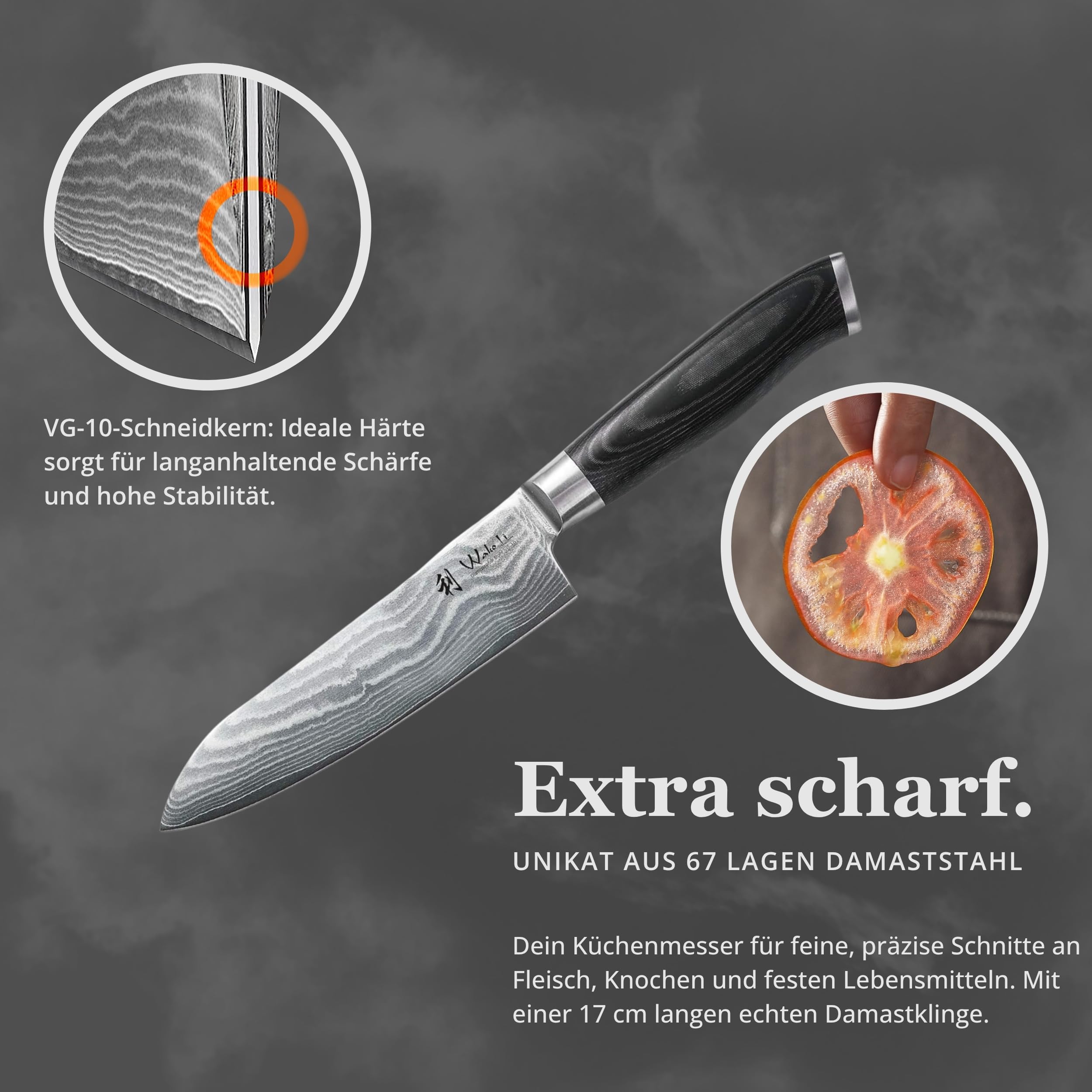 Wakoli Mikata Damastmesser Santoku 17 cm Klinge I aus 67 Lagen I Damast Küchenmesser und Profi Kochmesser aus echtem Damaststahl mit Micarta Griff