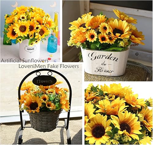 Miniatura 4 de LOVENIMEN Girasoles artificiales, flores falsas, girasoles de seda, plantas de plástico, ramo de novia de boda, fiesta, interior, exterior,