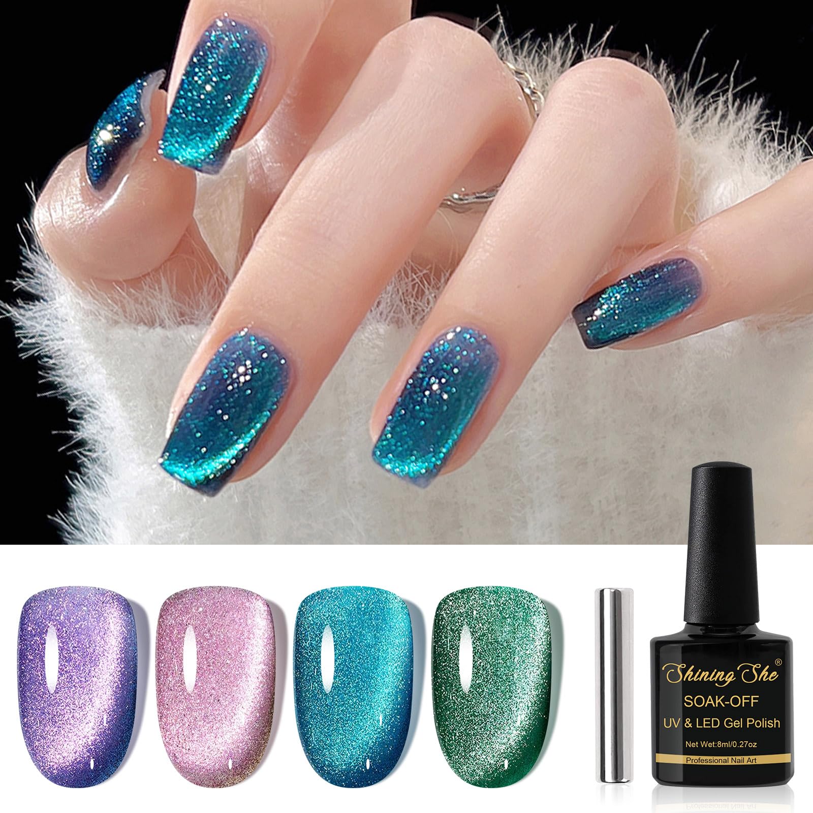 Shining She UV Nagellack Cat Eye Magnet, 4 Farben Klassischer Galaxie Rosa Lila Blau Grün Cat Eye Gel Nail Polish Soak-Off UV Nagellack Glitzer Set für Anfänger Maniküre Salon Geschenk, 8ML