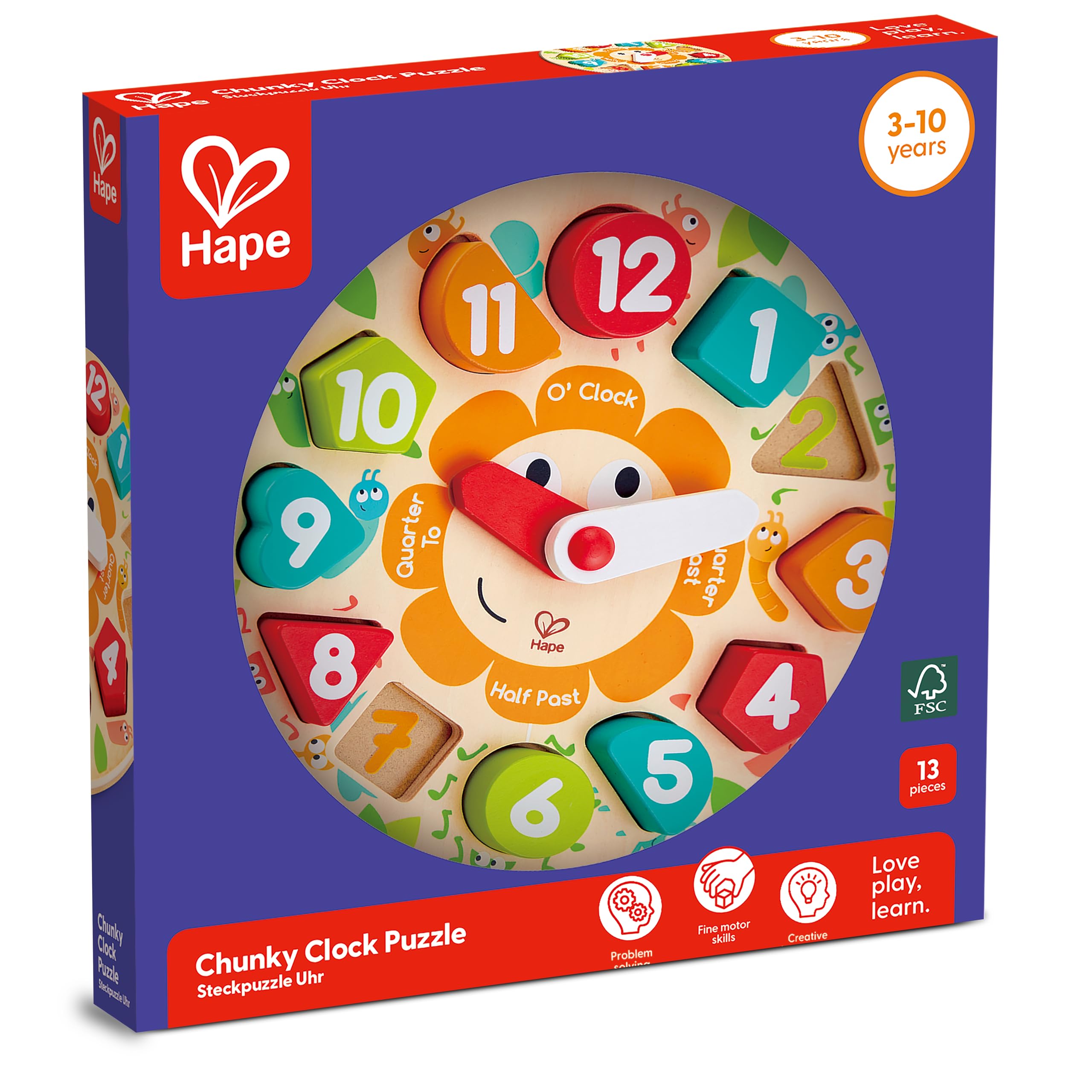Hape Puzzle Orologio Incastro in Legno - Impara a Leggere l’Ora con Forme e Colori, Gioco Educativo per Bambini