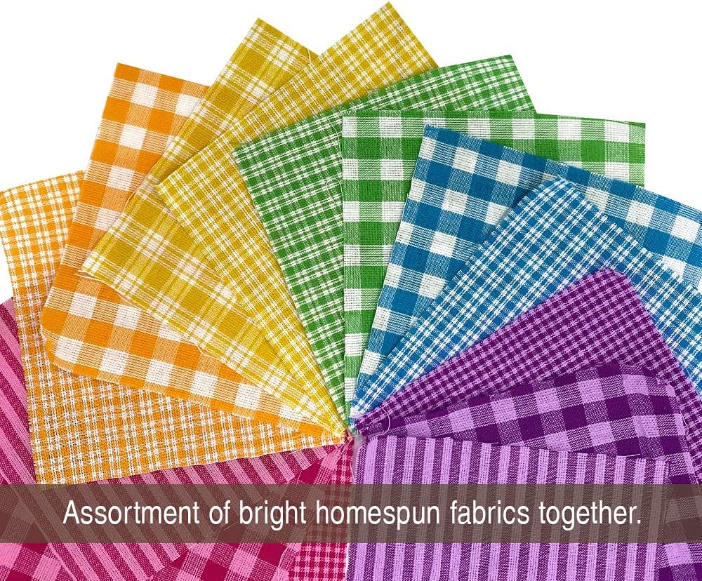 Bright Plaid Homespun Rag Quilt Kit, 200+ six inch Pink Purple Yellow Squares, Cotton Gingham Fabric by JCS