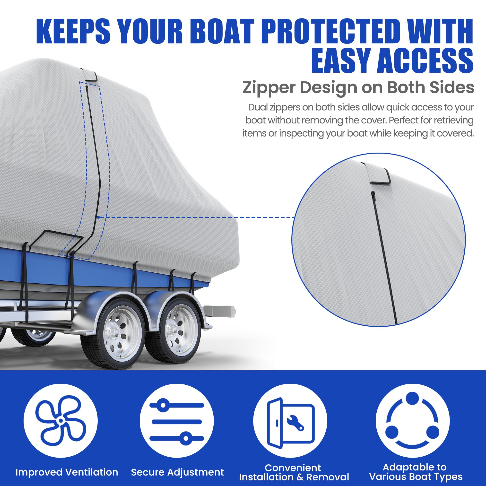 Bootsabdeckung für Mittelkonsole 24-26 Fuß, Trailerbare Bootsabdeckung für T-Top/Hardtop, strapazierfähige wasserdichte Bootsabdeckungen aus Oxford in Marinequalität, Reißverschluss auf beiden Seiten