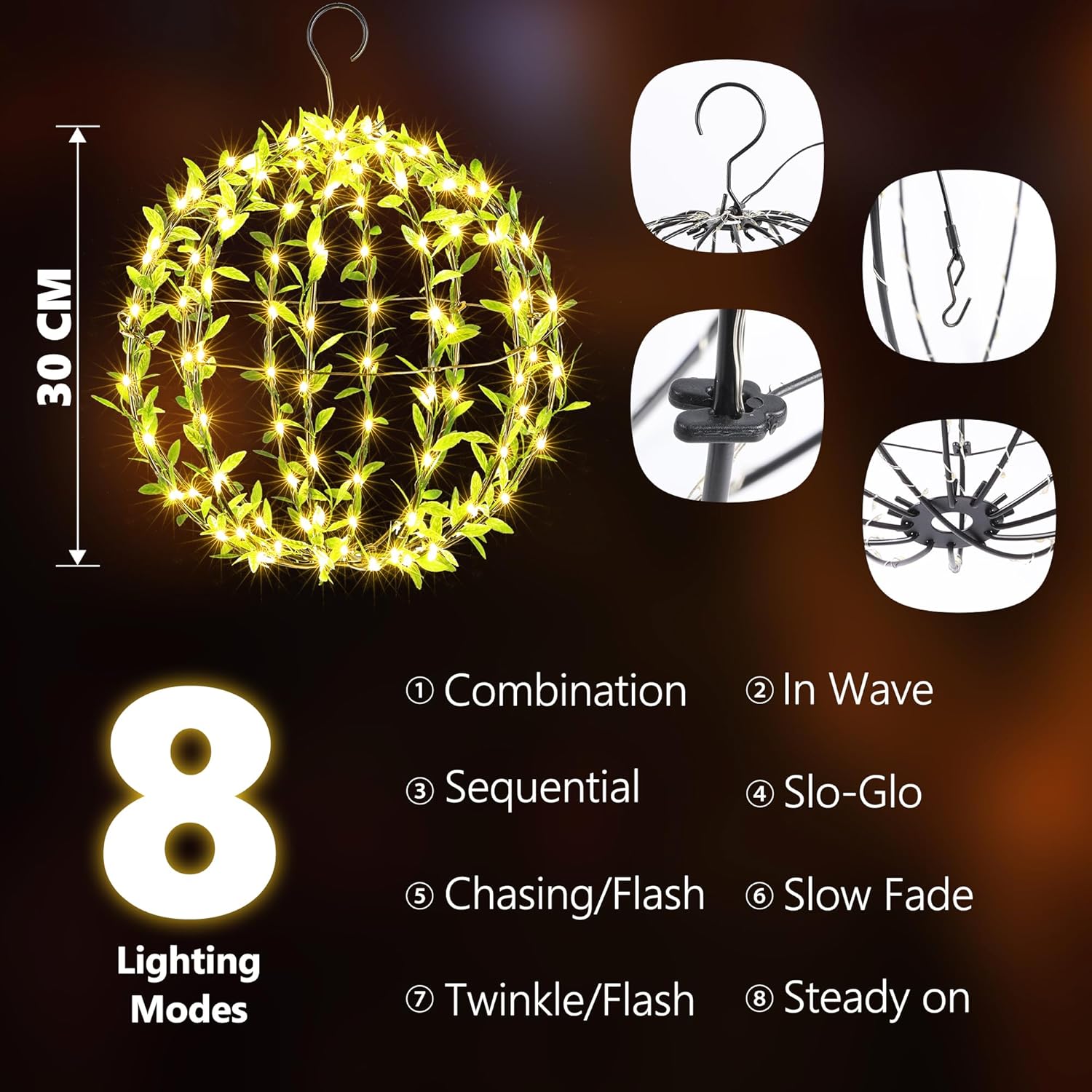 Flacchi 吊り下げ式鉄球ライト 人工緑付き &ndash; 12インチ 120 LED 防水 屋外/屋内装飾 ボールライト タイマー付き