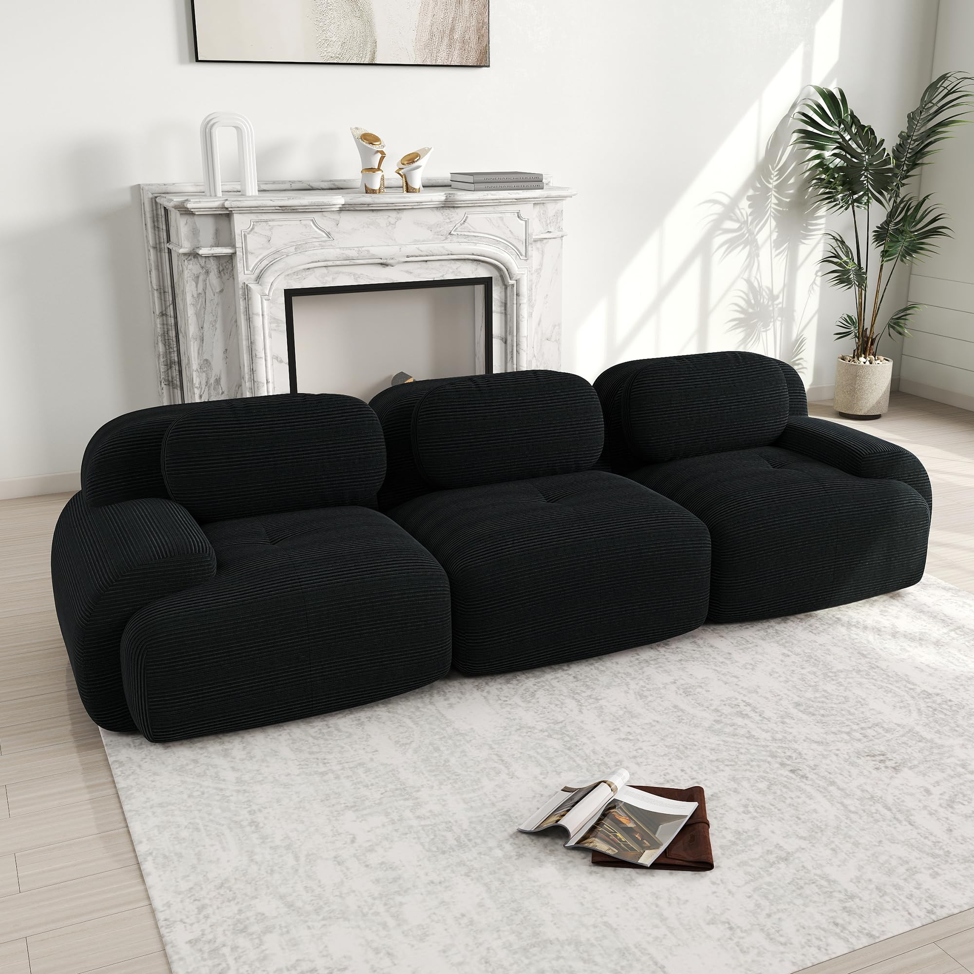 Divano a 3 posti in velluto a coste nero 298x103x70 cm, senza